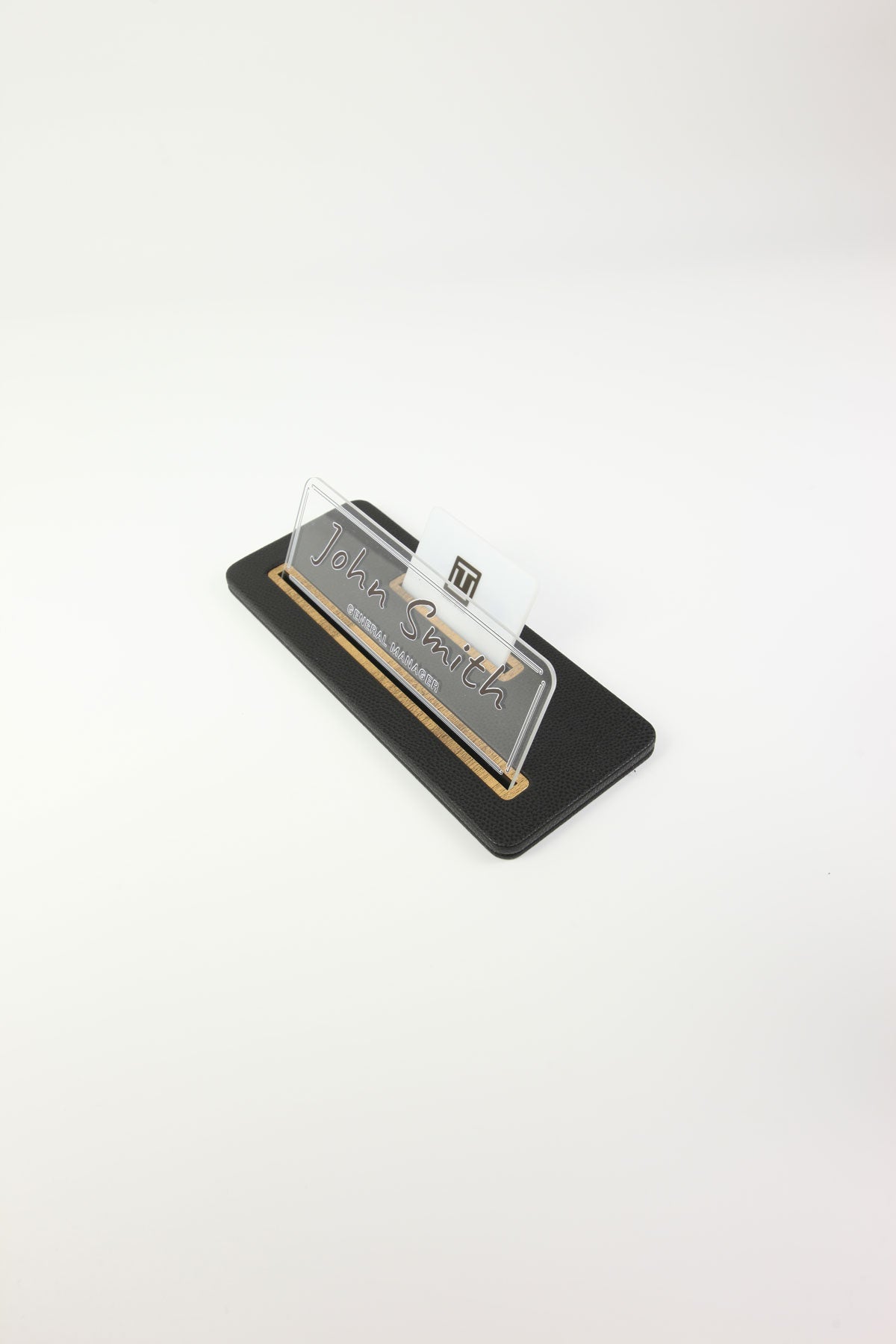 Leather Desk Nameplate Black Wood Detail - Nameplate and Business Card Holder