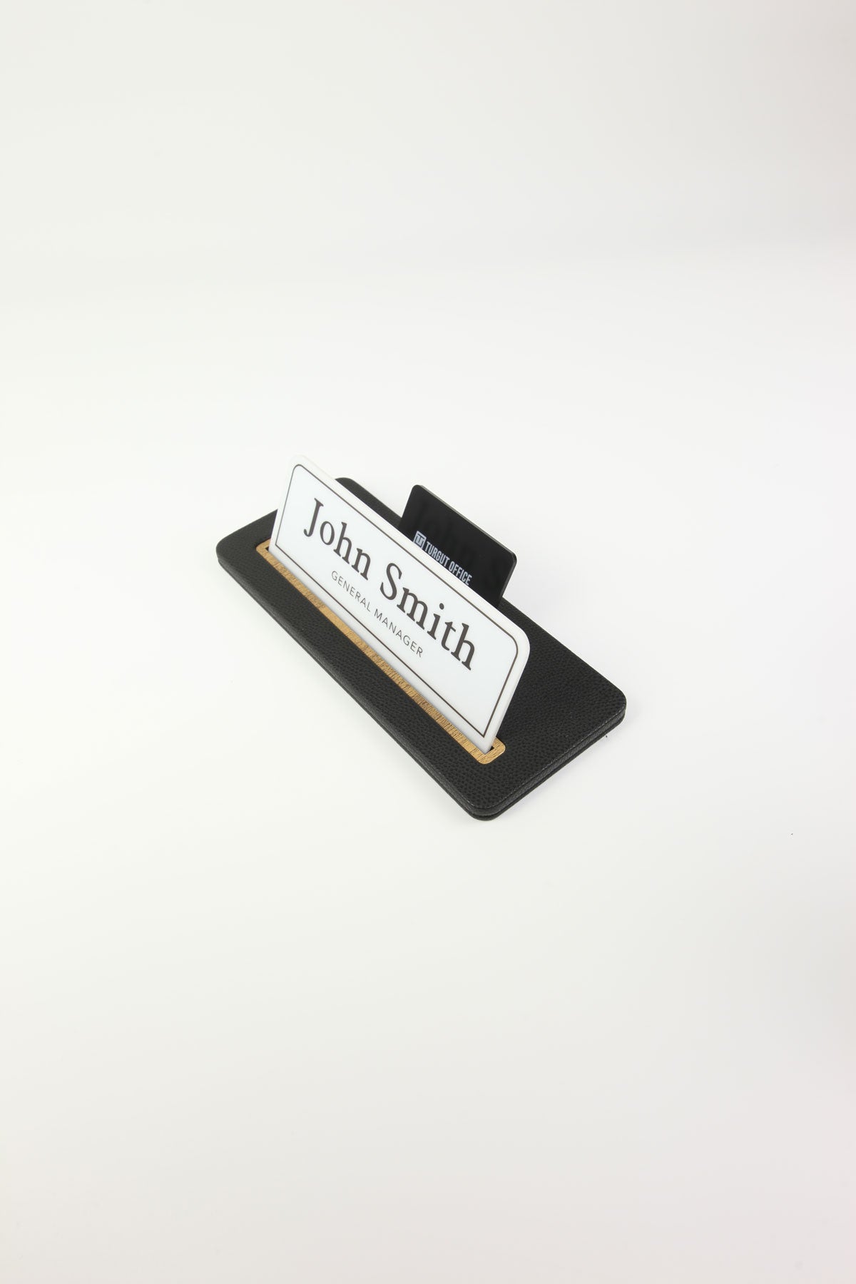 Leather Desk Nameplate Black Wood Detail - Nameplate and Business Card Holder