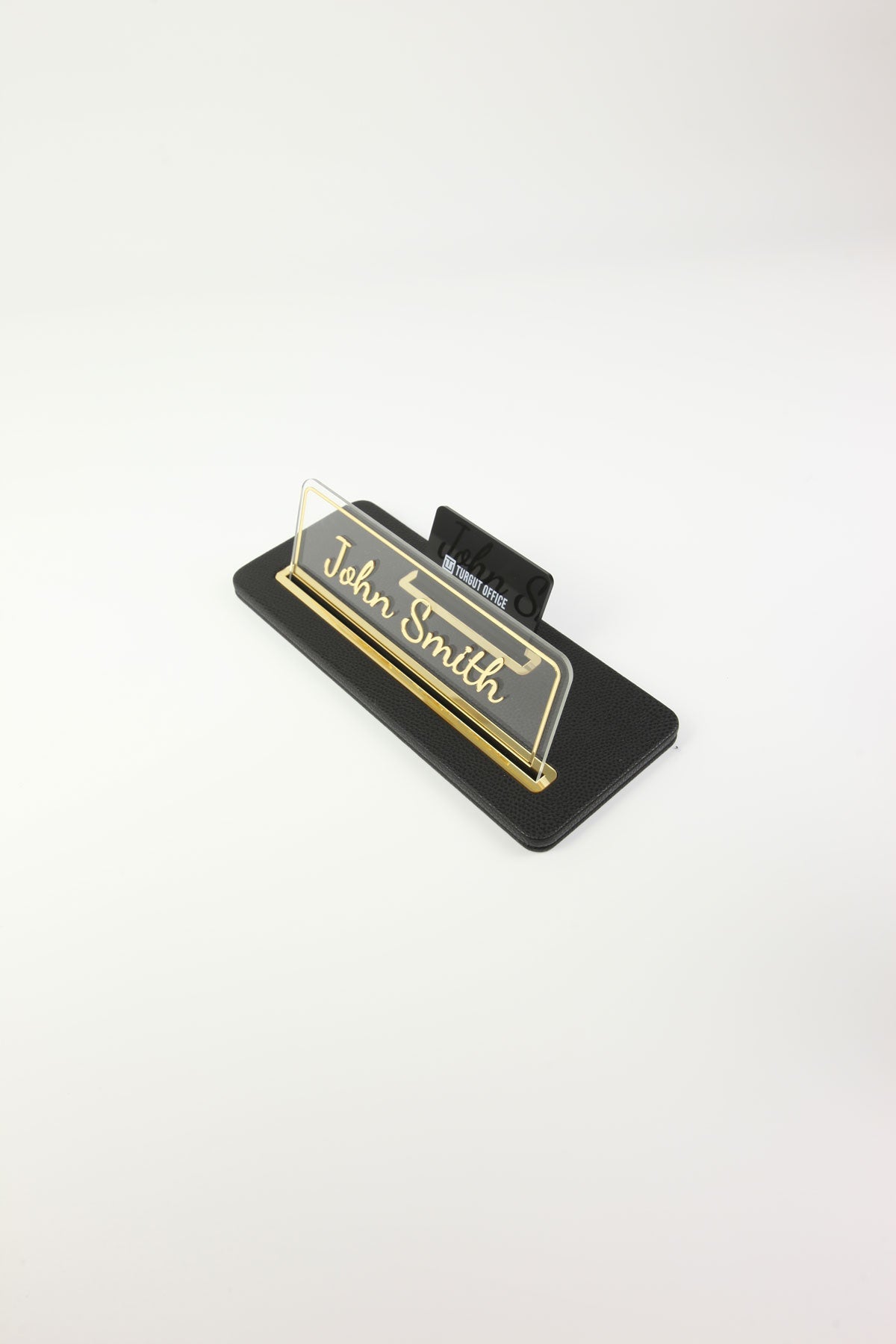 Leather Desk Nameplate Black Gold Detail - Nameplate and Business Card Holder