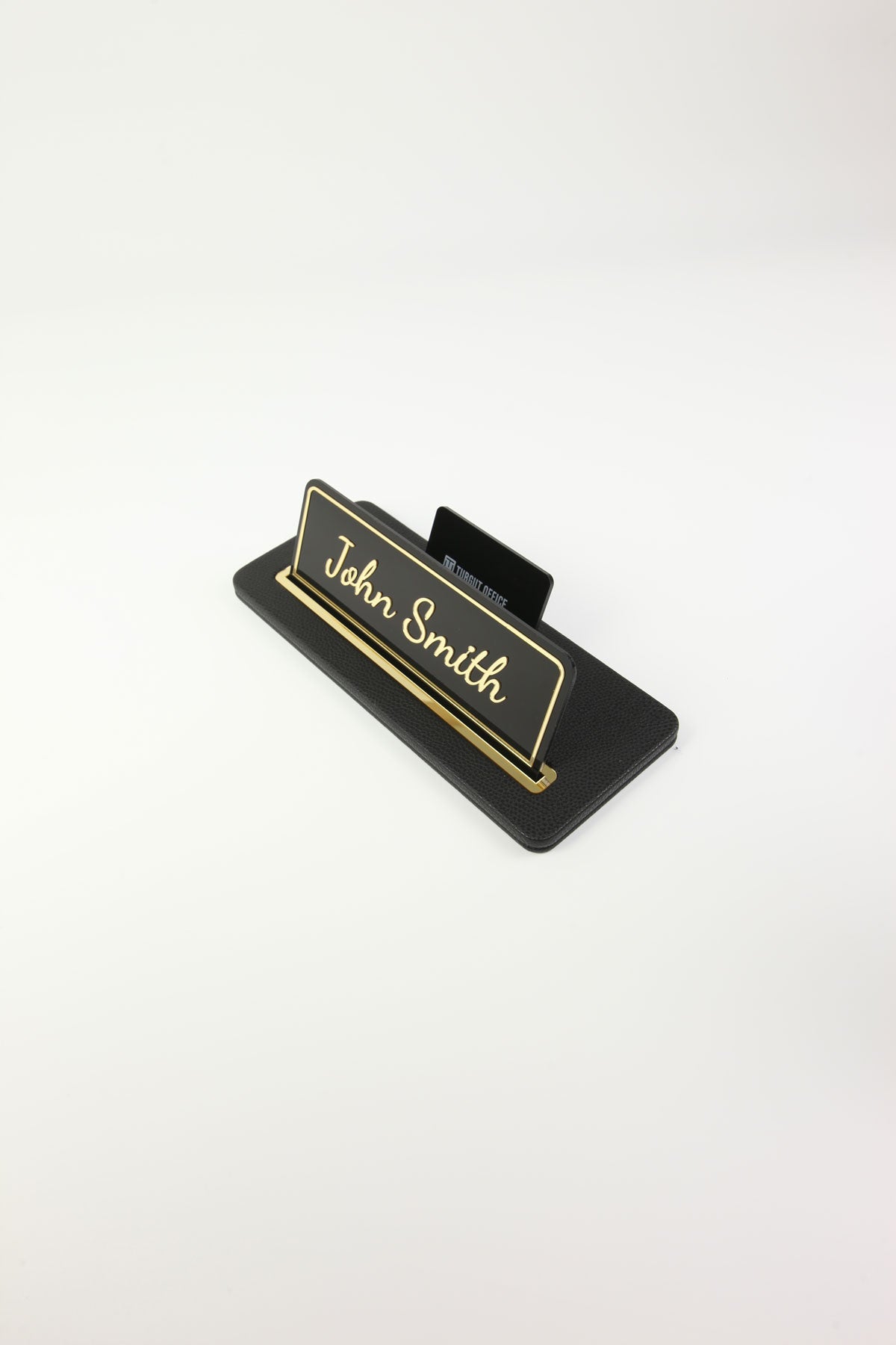 Leather Desk Nameplate Black Gold Detail - Nameplate and Business Card Holder