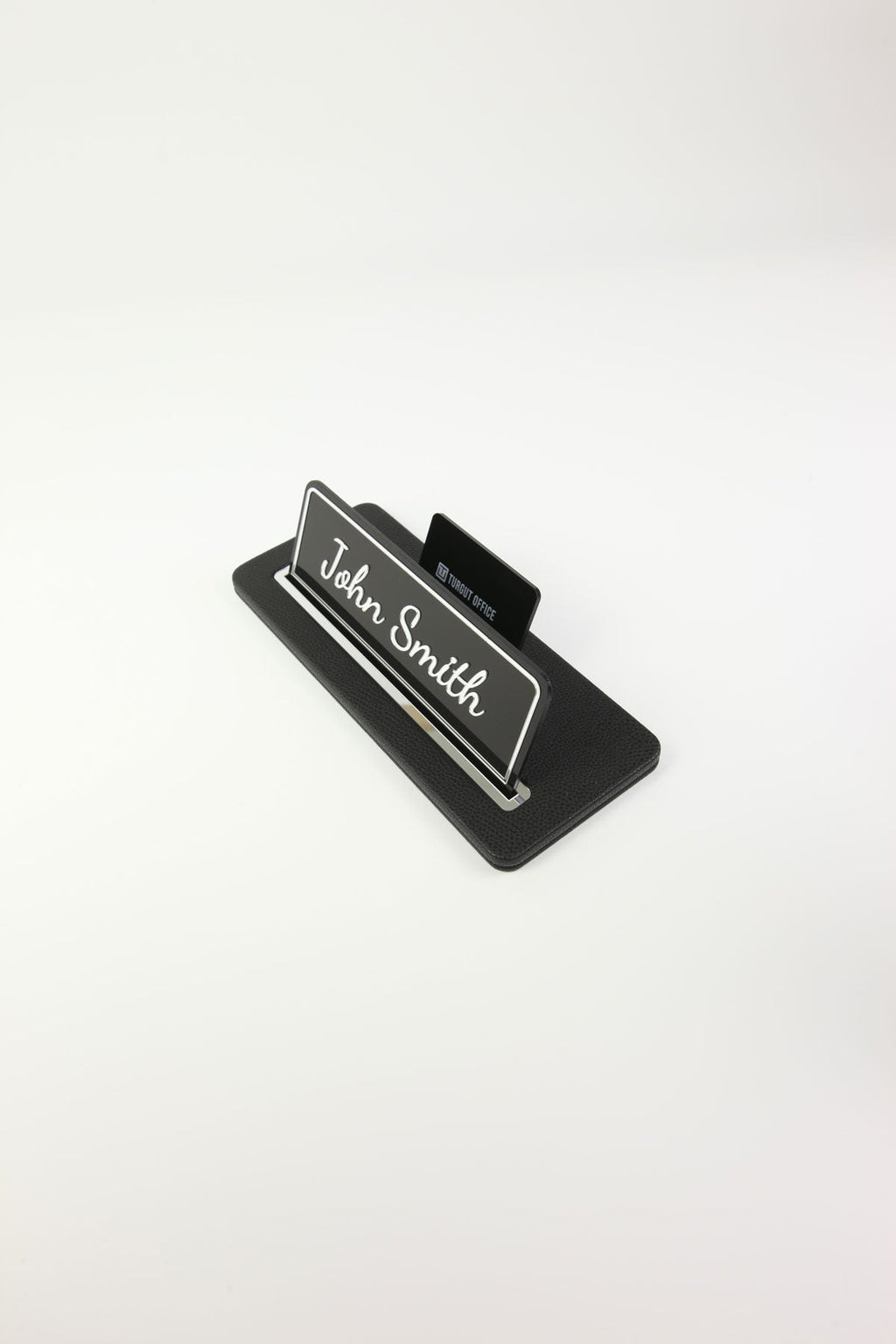 Leather Desk Name Holder Black Chrome Detailed - Name Holder and Business Card Holder