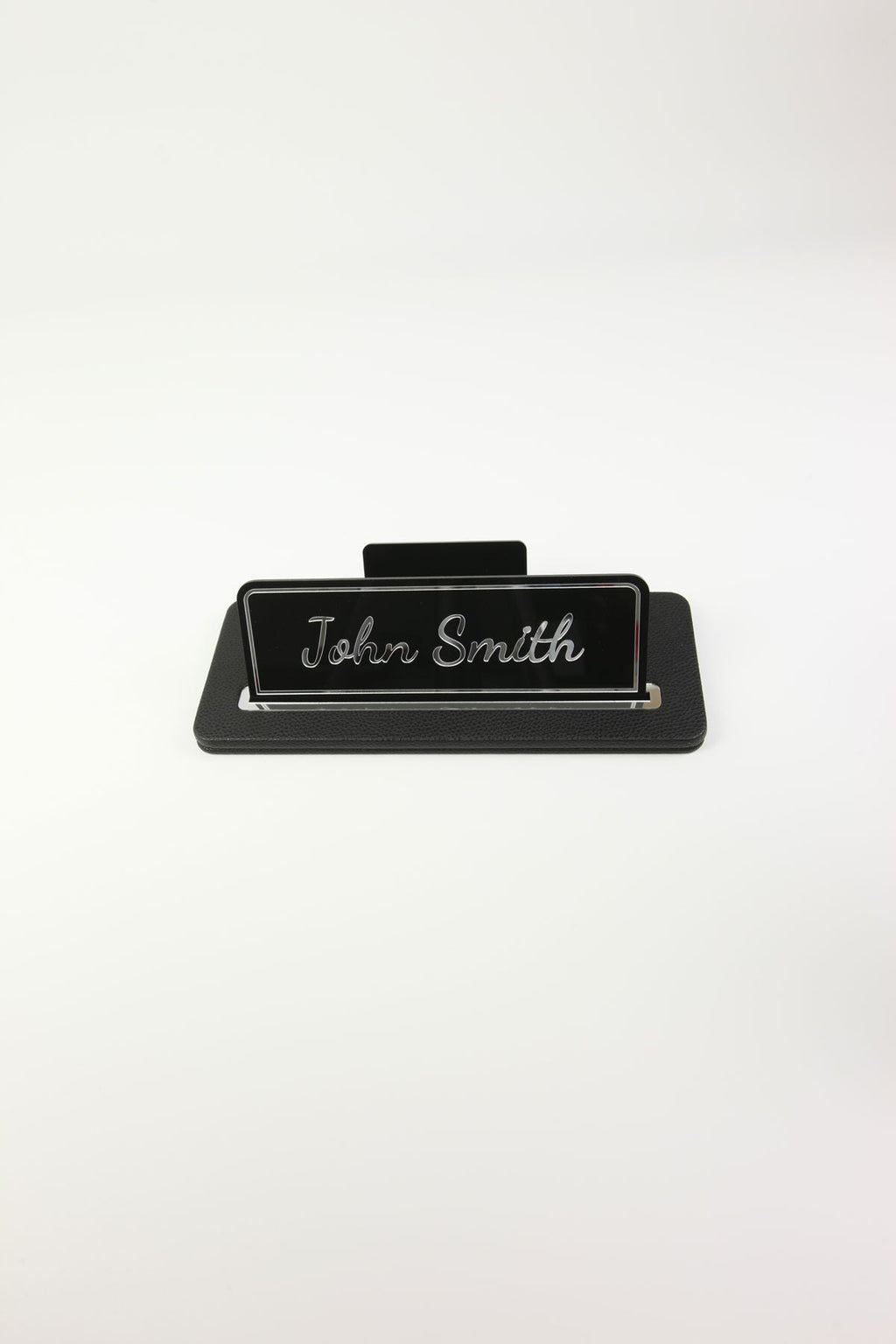 Leather Desk Name Holder Black Chrome Detailed - Name Holder and Business Card Holder