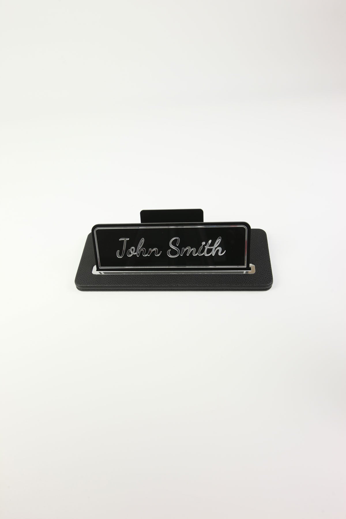 Leather Desk Name Holder Black Chrome Detailed - Name Holder and Business Card Holder