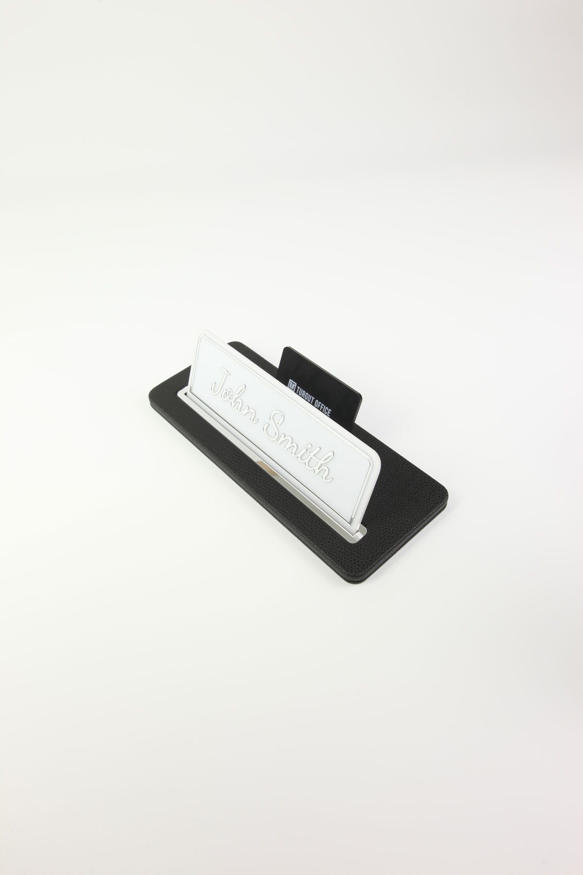 Leather Desk Name Holder Black Chrome Detailed - Name Holder and Business Card Holder