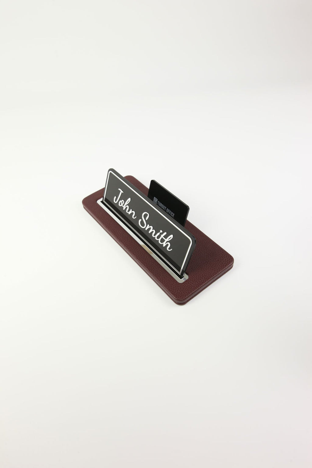 Leather Desk Name Holder Black Chrome Detailed - Name Holder and Business Card Holder