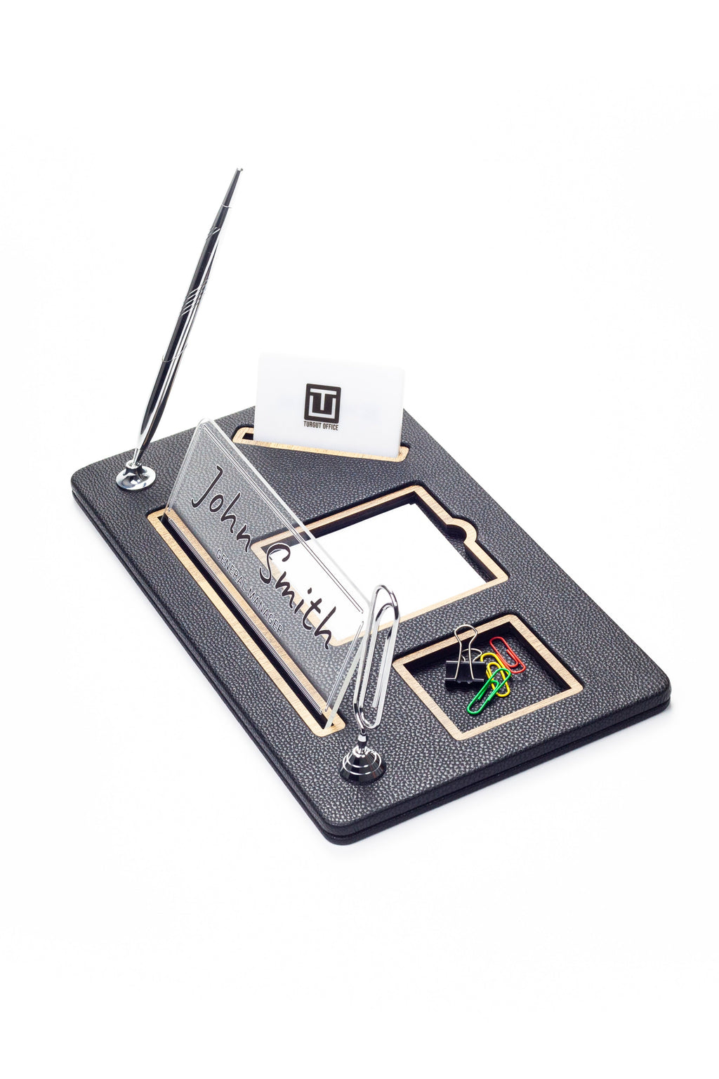 Organizer Leather Desk Nameplate Wood Detailed