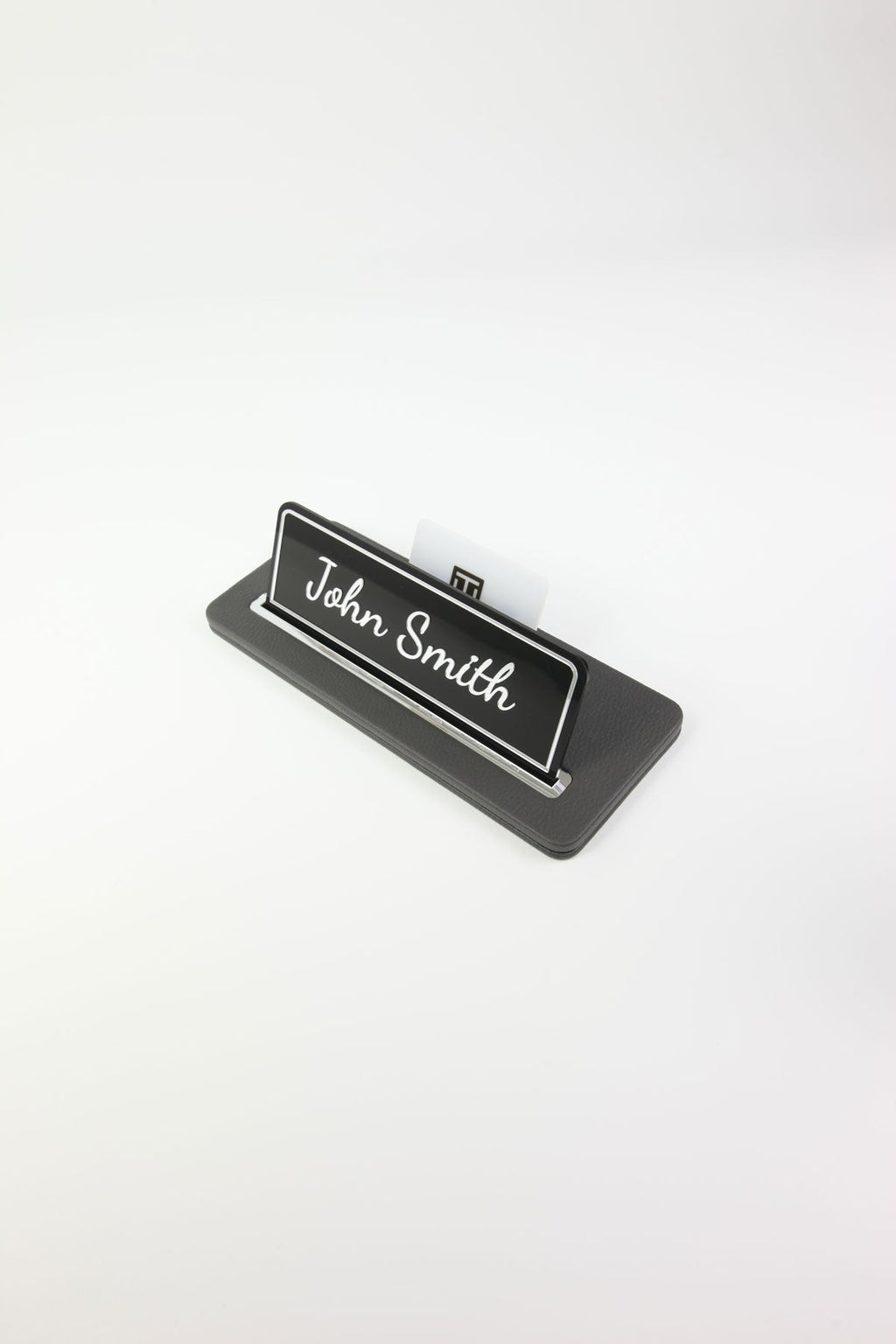 Leather Desk Name Holder Black Chrome Detailed - Name Holder and Business Card Holder