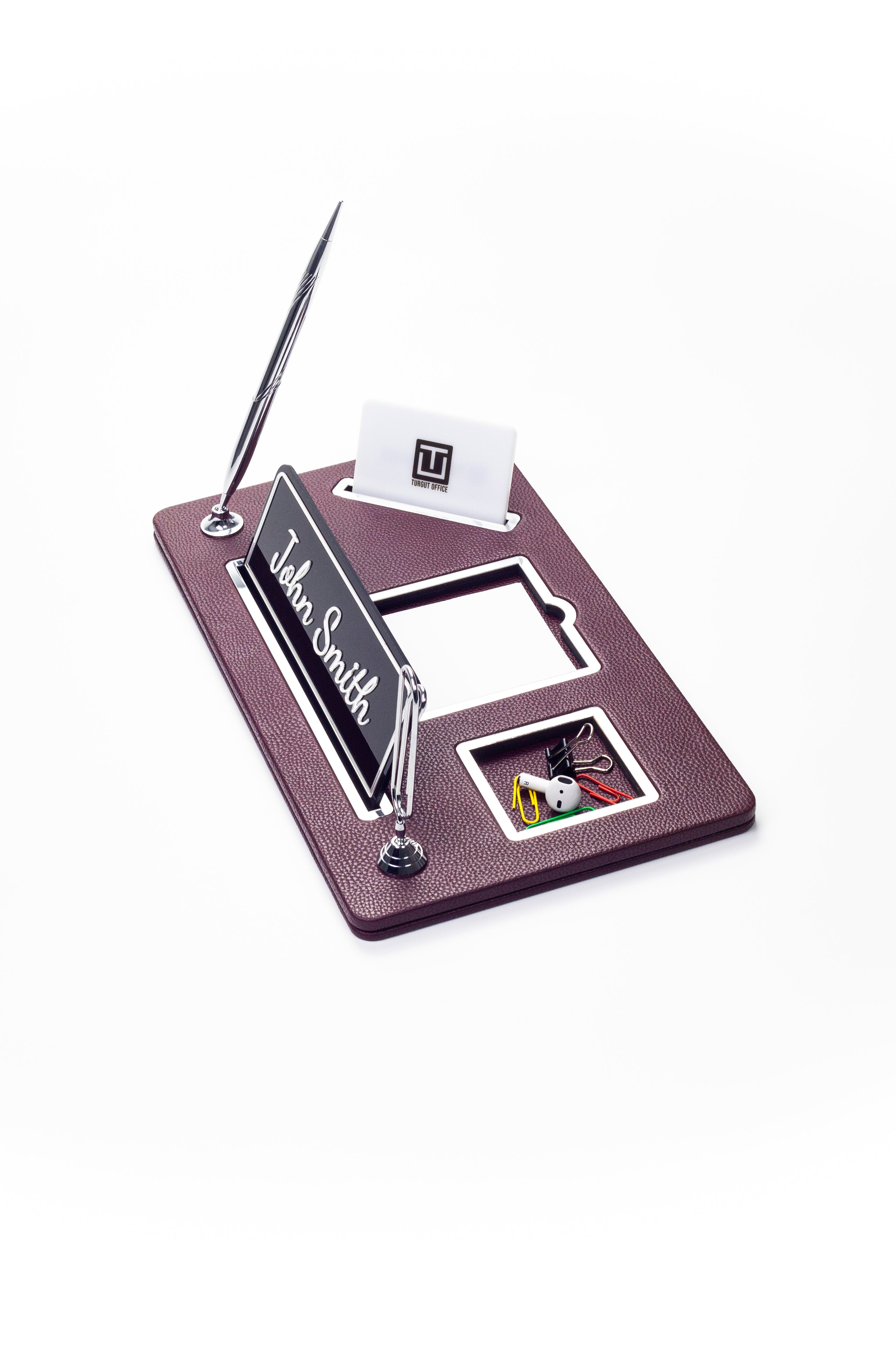Organizer Leather Desk Nameplate Chrome Detailed
