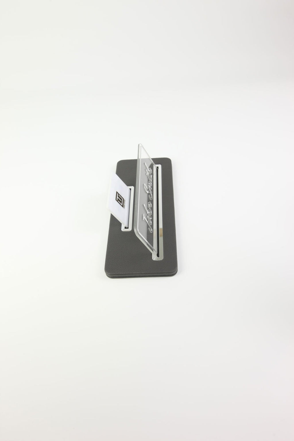 Leather Desk Name Holder Black Chrome Detailed - Name Holder and Business Card Holder