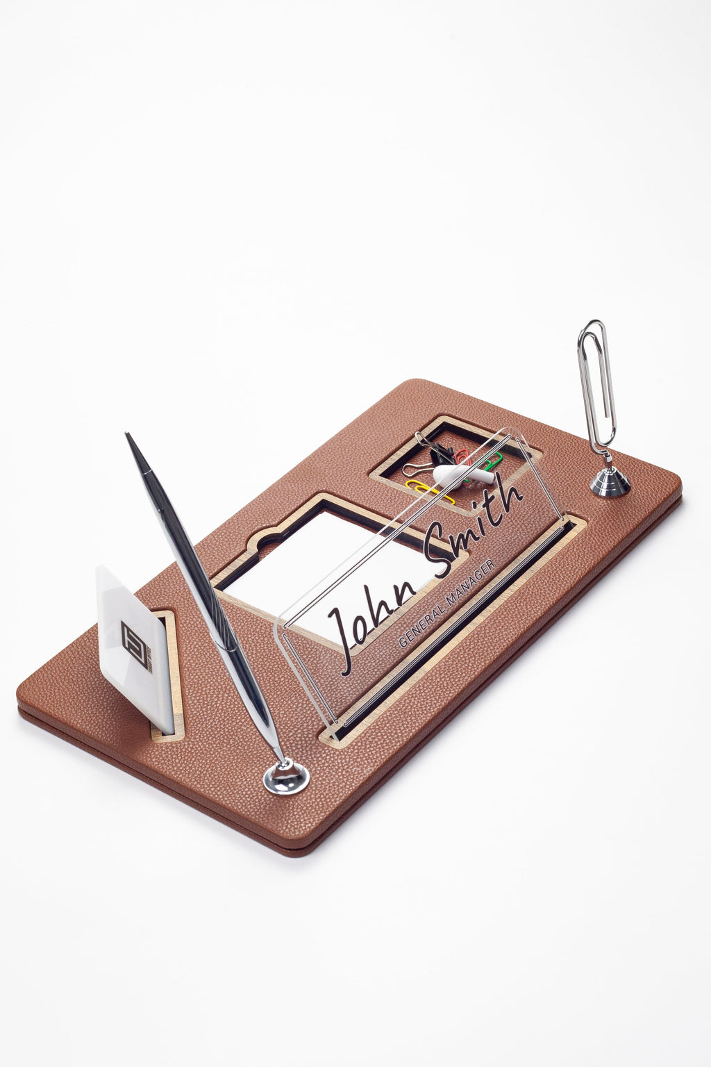 Organizer Leather Desk Nameplate Wood Detailed