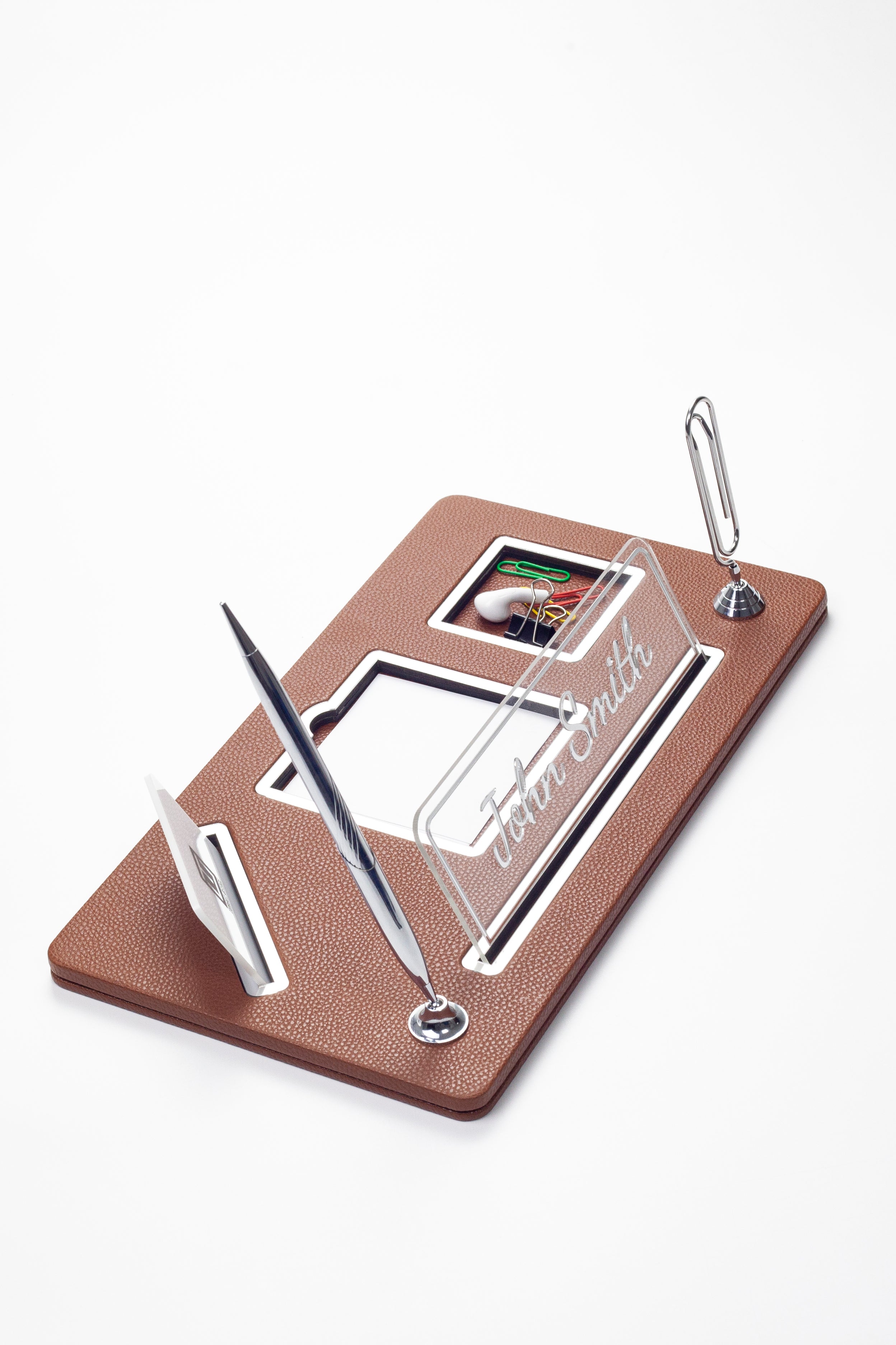 Organizer Leather Desk Nameplate Chrome Detailed