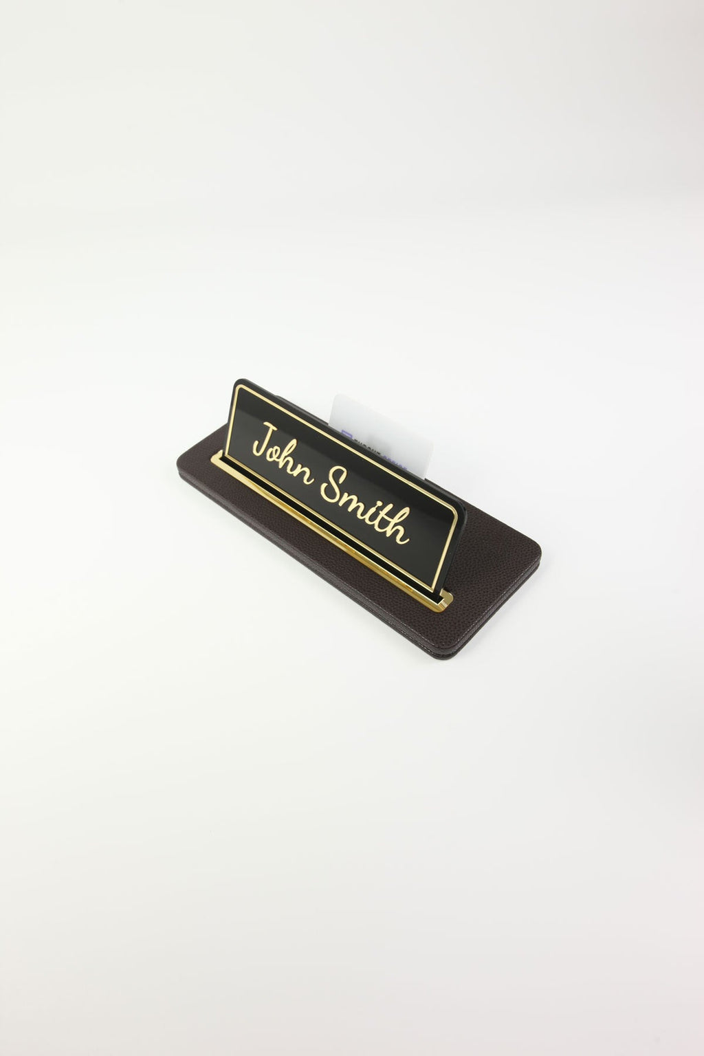 Leather Desk Nameplate Black Gold Detail - Nameplate and Business Card Holder