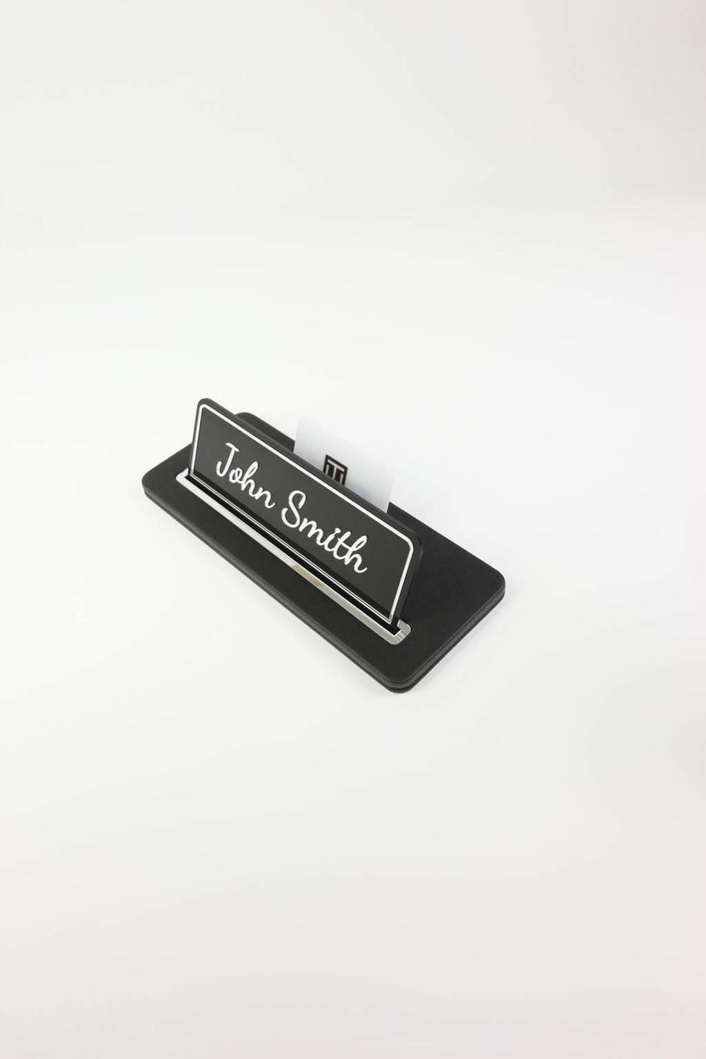 Leather Desk Name Holder Black Chrome Detailed - Name Holder and Business Card Holder
