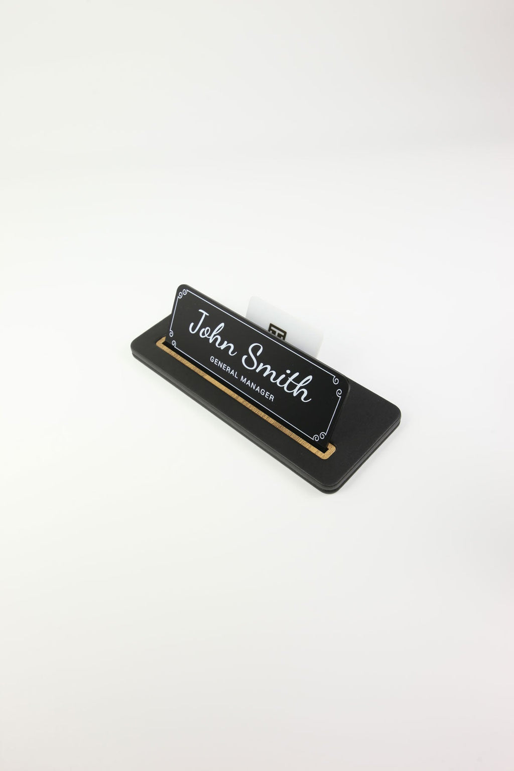 Leather Desk Nameplate Black Wood Detail - Nameplate and Business Card Holder