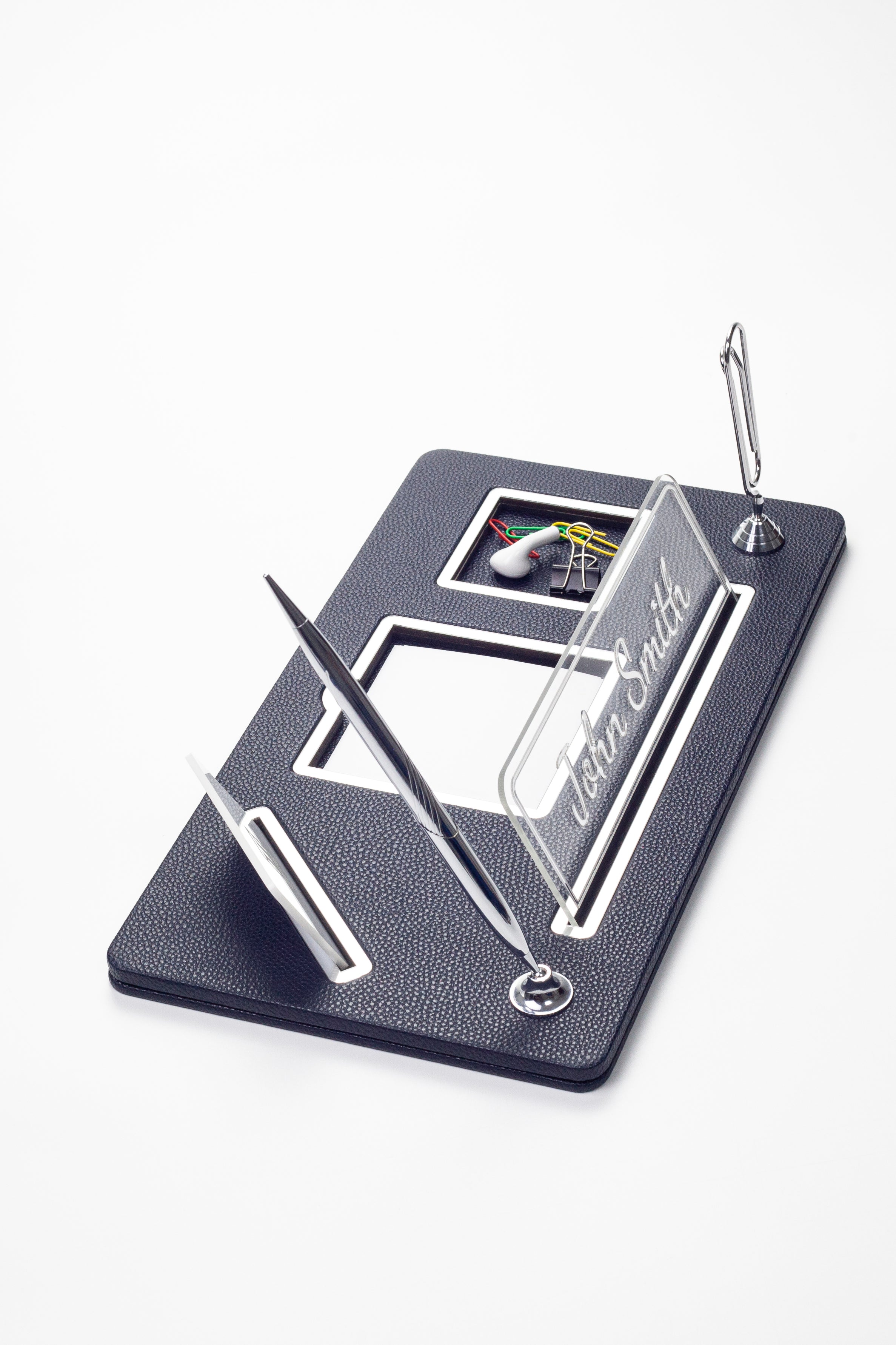 Organizer Leather Desk Nameplate Chrome Detailed