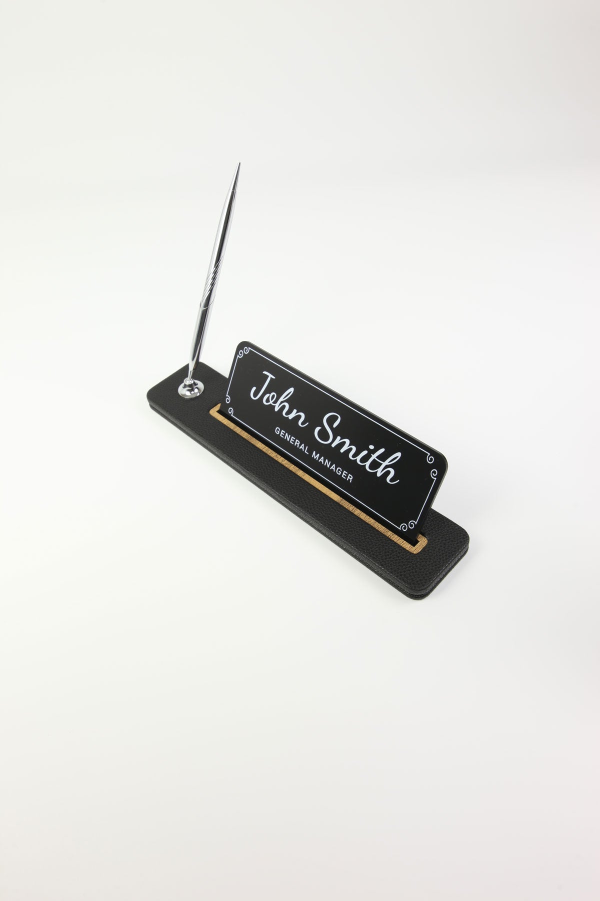 Leather Desktop Nameplate with Pen Black Wood Detail - Nameplate and Signature Pen