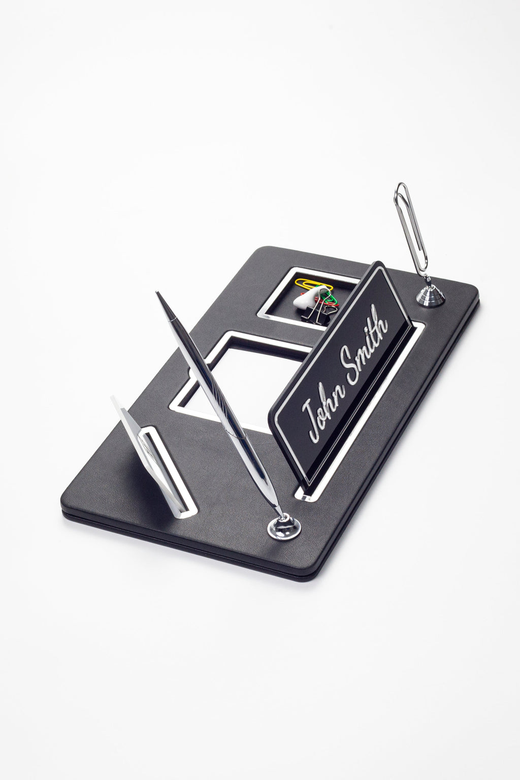 Organizer Leather Desk Nameplate Chrome Detailed