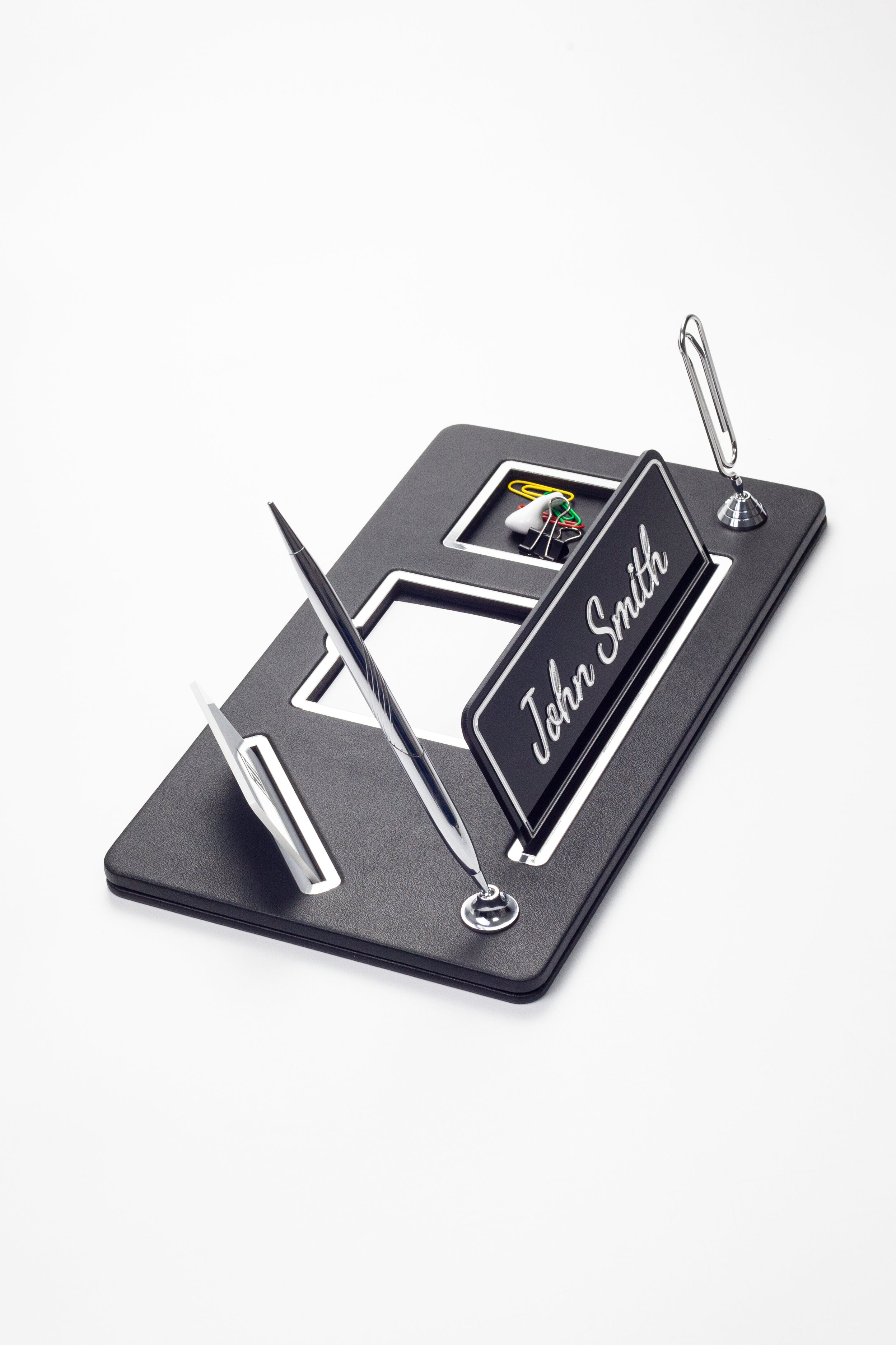 Organizer Leather Desk Nameplate Chrome Detailed