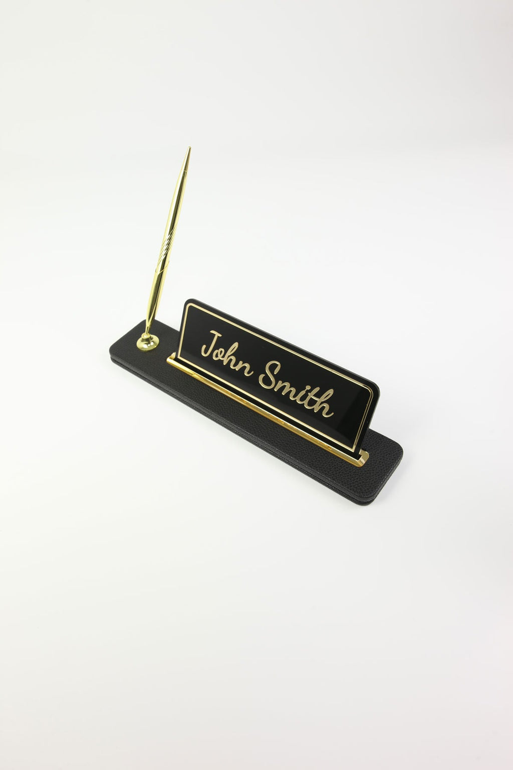 Leather Desktop Nameplate with Pen Black Gold Detailed - Nameplate and Signature Pen