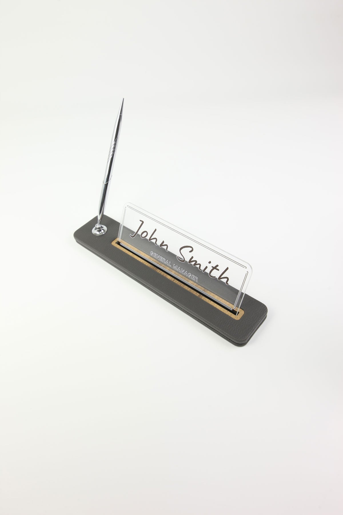 Leather Desktop Nameplate with Pen Black Wood Detail - Nameplate and Signature Pen