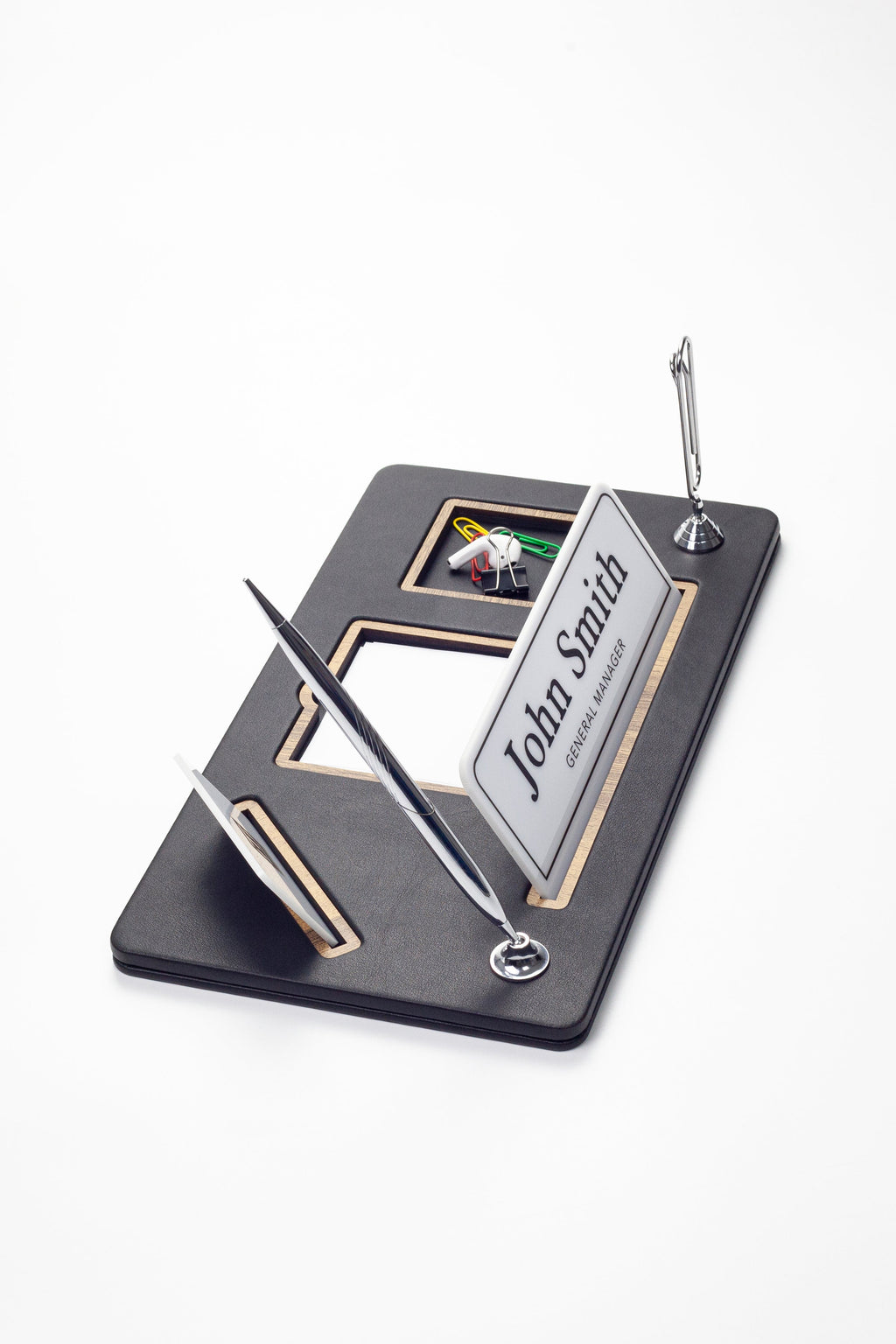 Organizer Leather Desk Nameplate Wood Detailed