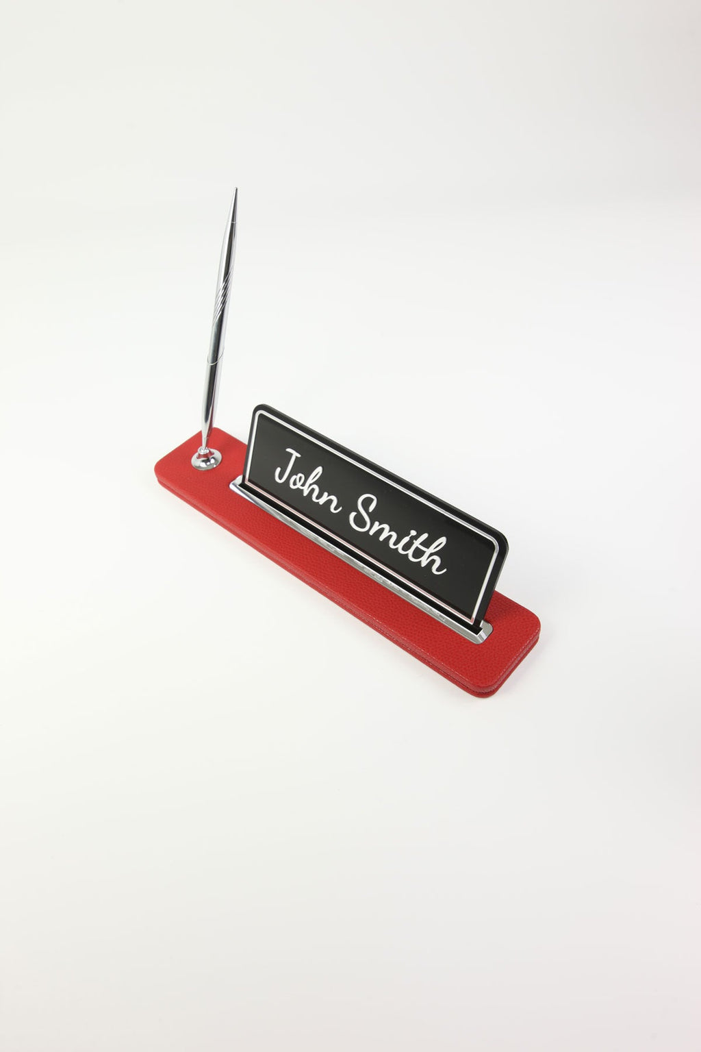 Leather Desktop Nameplate with Pen Black Chrome Detailed - Nameplate and Signature Pen