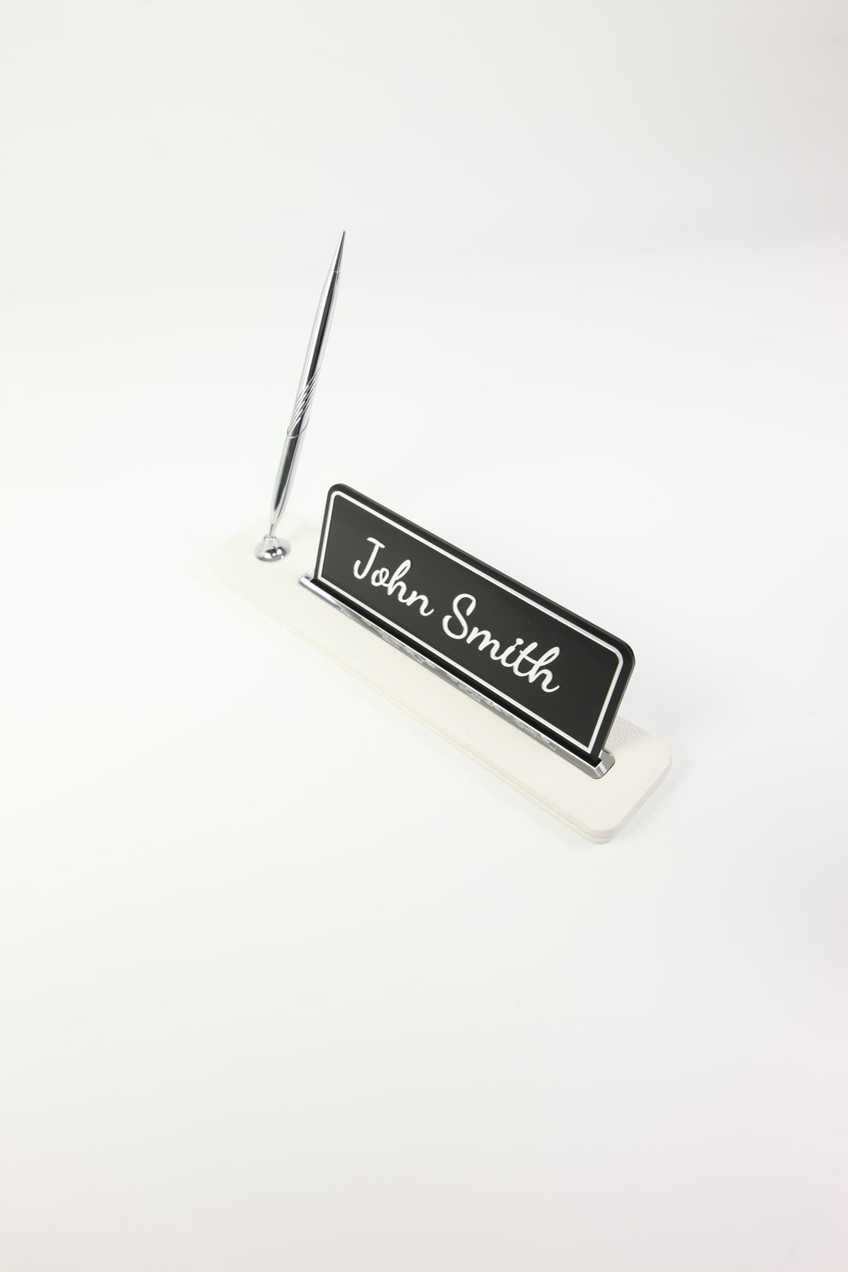 Leather Desktop Nameplate with Pen Black Chrome Detailed - Nameplate and Signature Pen