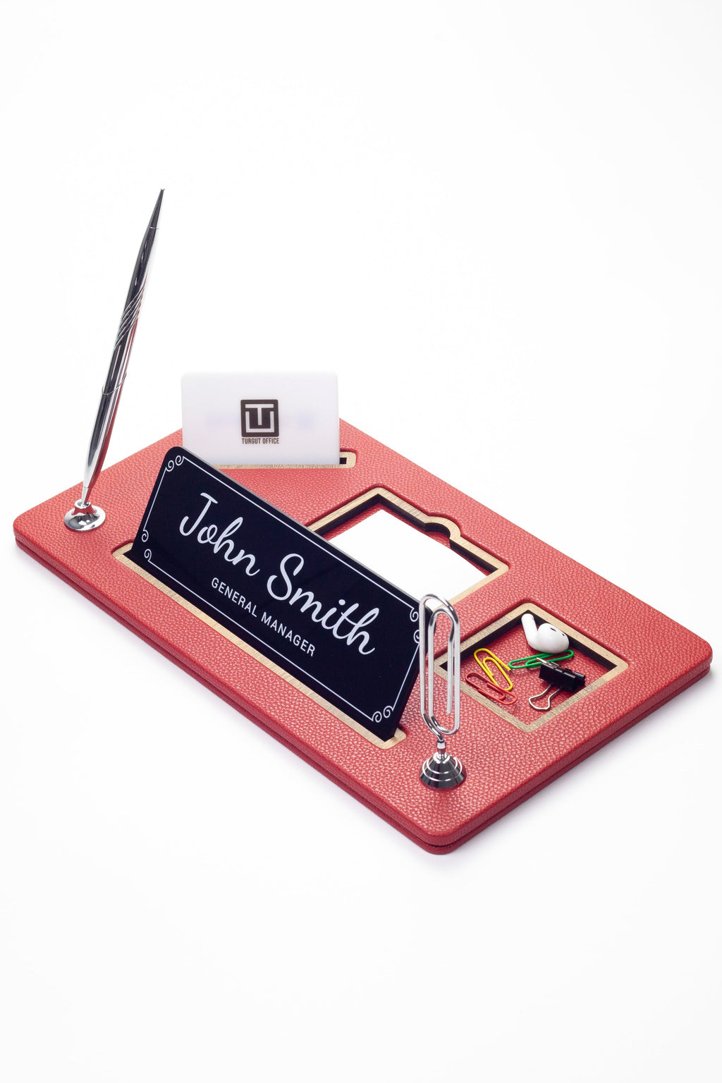 Organizer Leather Desk Nameplate Wood Detailed