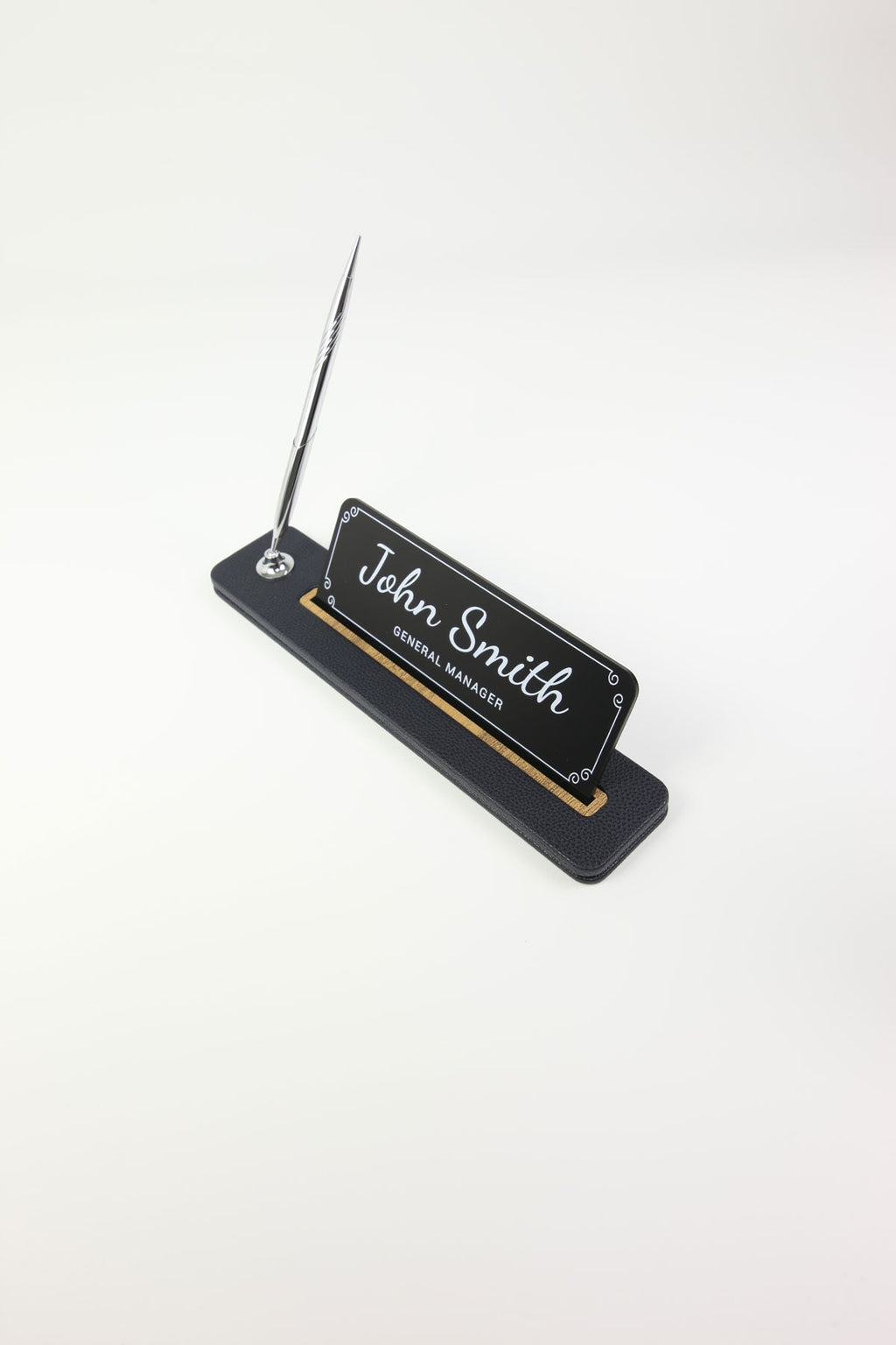 Leather Desktop Nameplate with Pen Black Wood Detail - Nameplate and Signature Pen