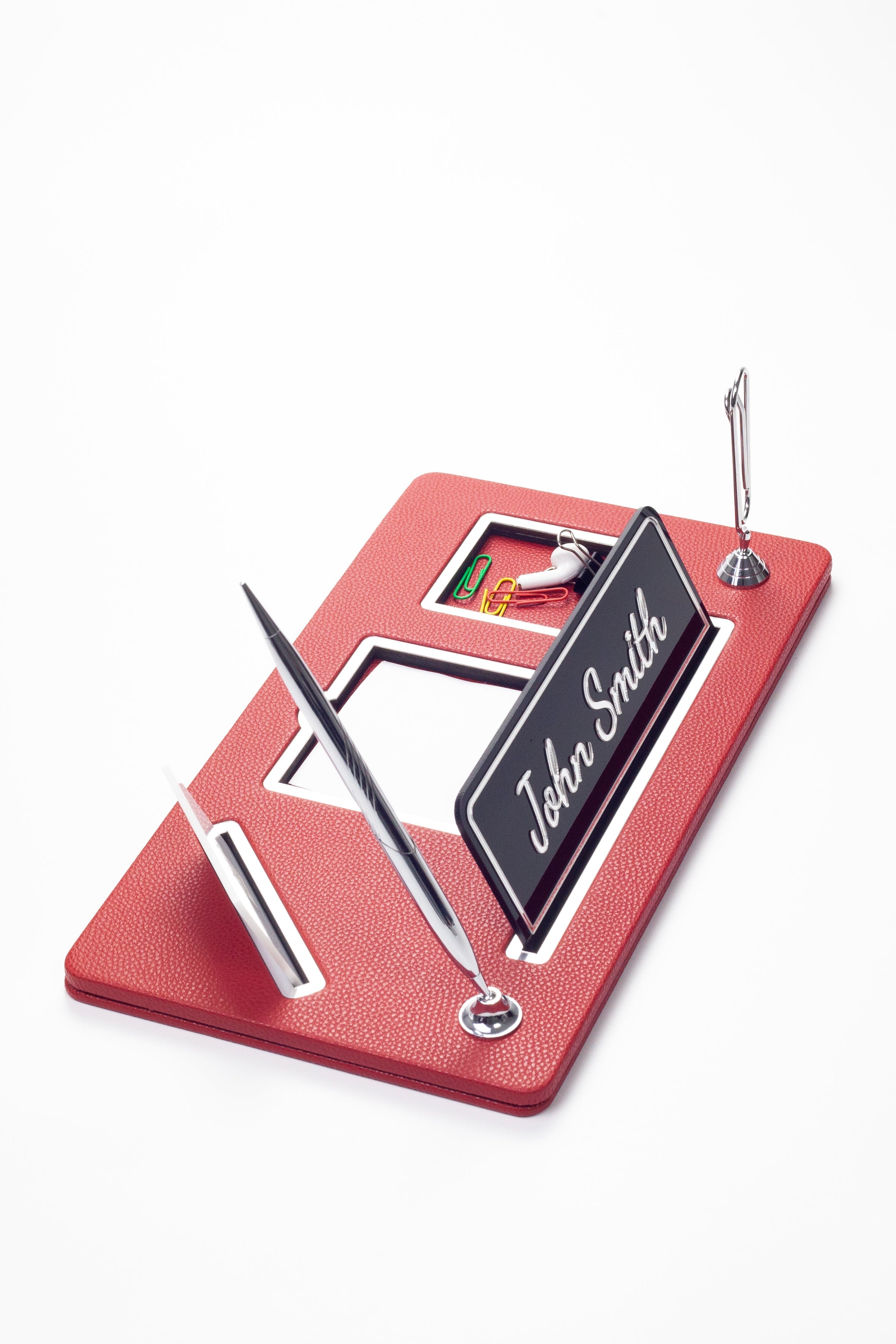 Organizer Leather Desk Nameplate Chrome Detailed