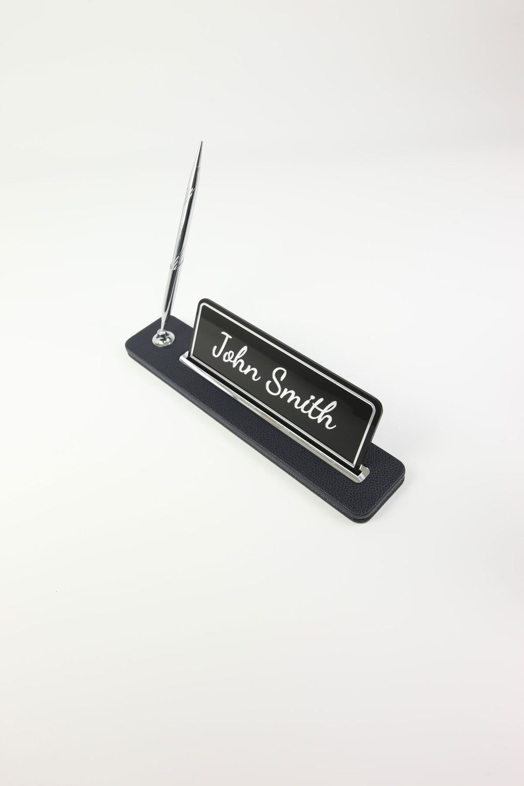 Leather Desktop Nameplate with Pen Black Chrome Detailed - Nameplate and Signature Pen