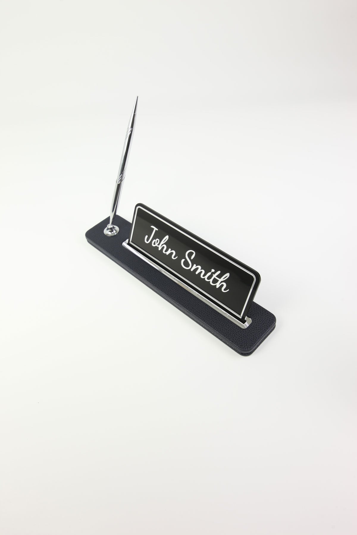 Leather Desktop Nameplate with Pen Black Chrome Detailed - Nameplate and Signature Pen