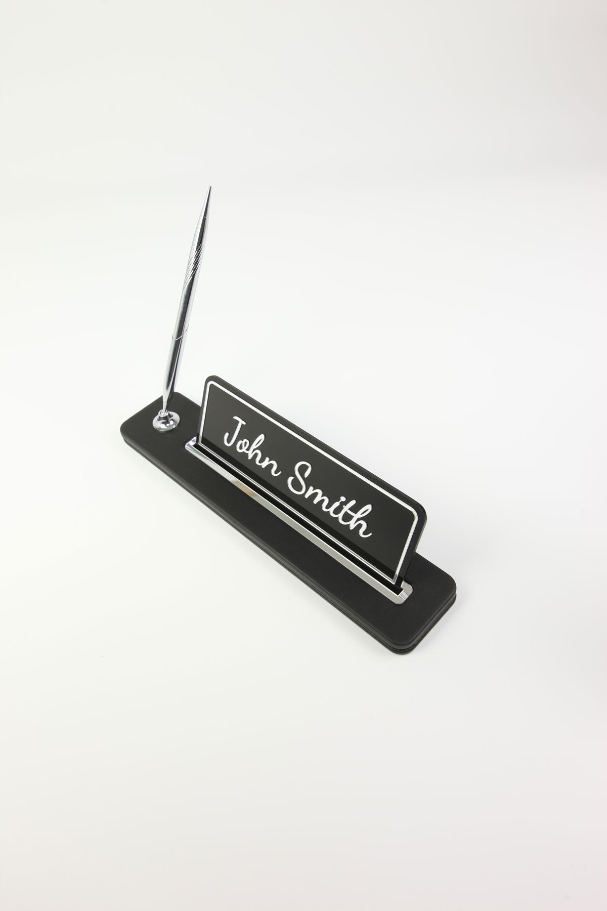 Leather Desktop Nameplate with Pen Black Chrome Detailed - Nameplate and Signature Pen