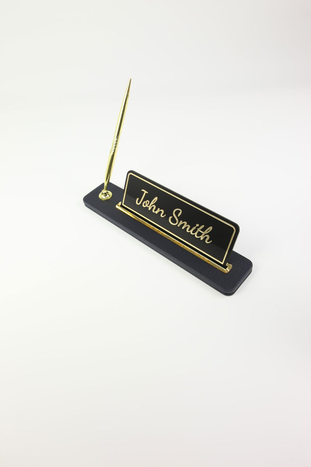 Leather Desktop Nameplate with Pen Black Gold Detailed - Nameplate and Signature Pen