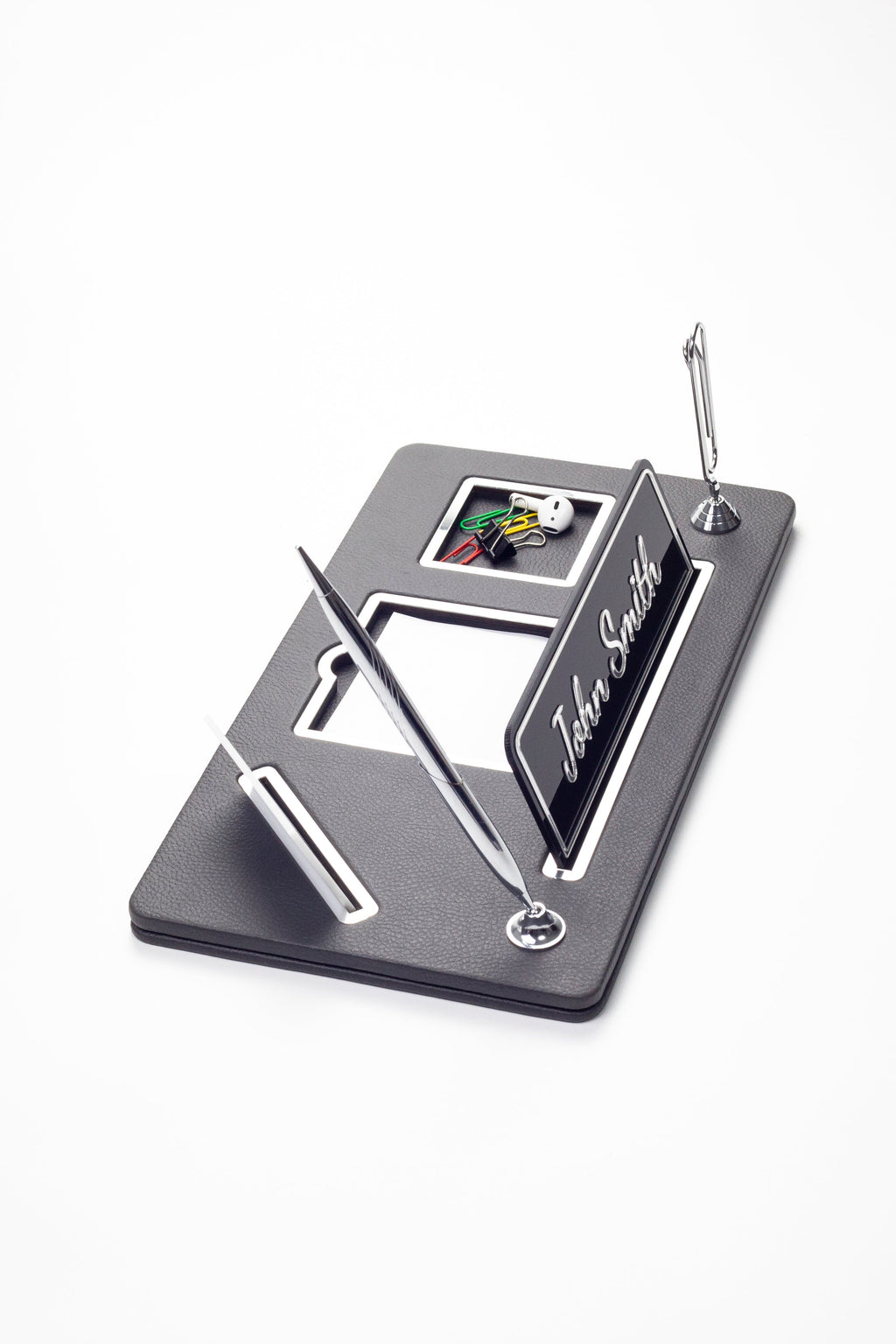 Organizer Leather Desk Nameplate Chrome Detailed