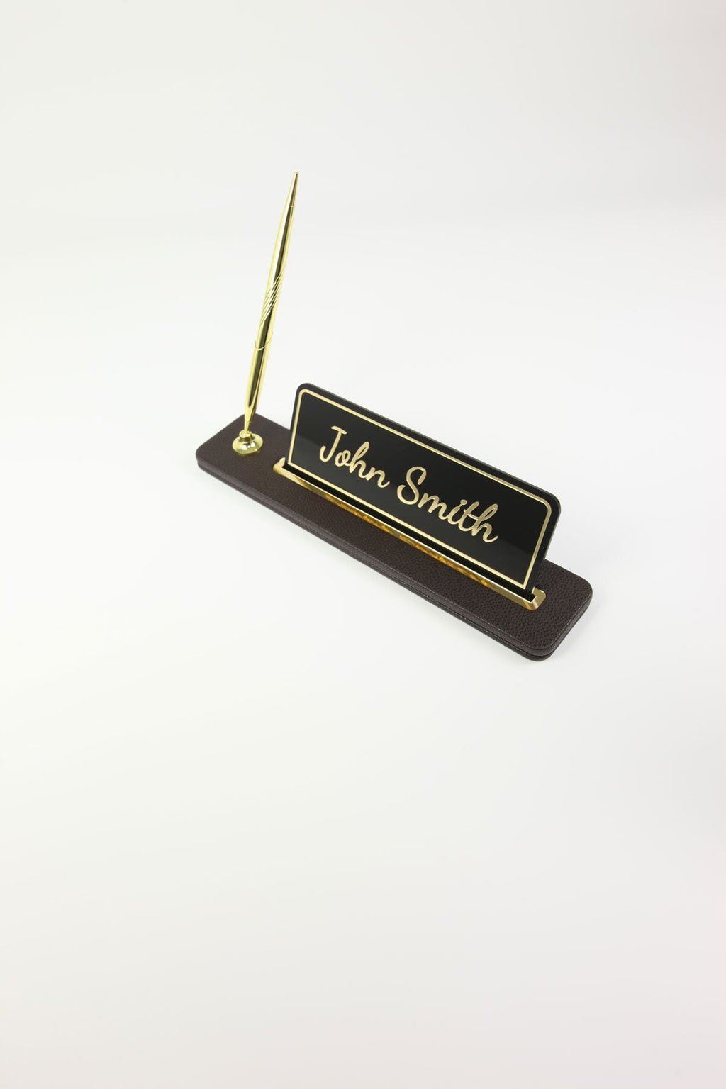 Leather Desktop Nameplate with Pen Black Gold Detailed - Nameplate and Signature Pen