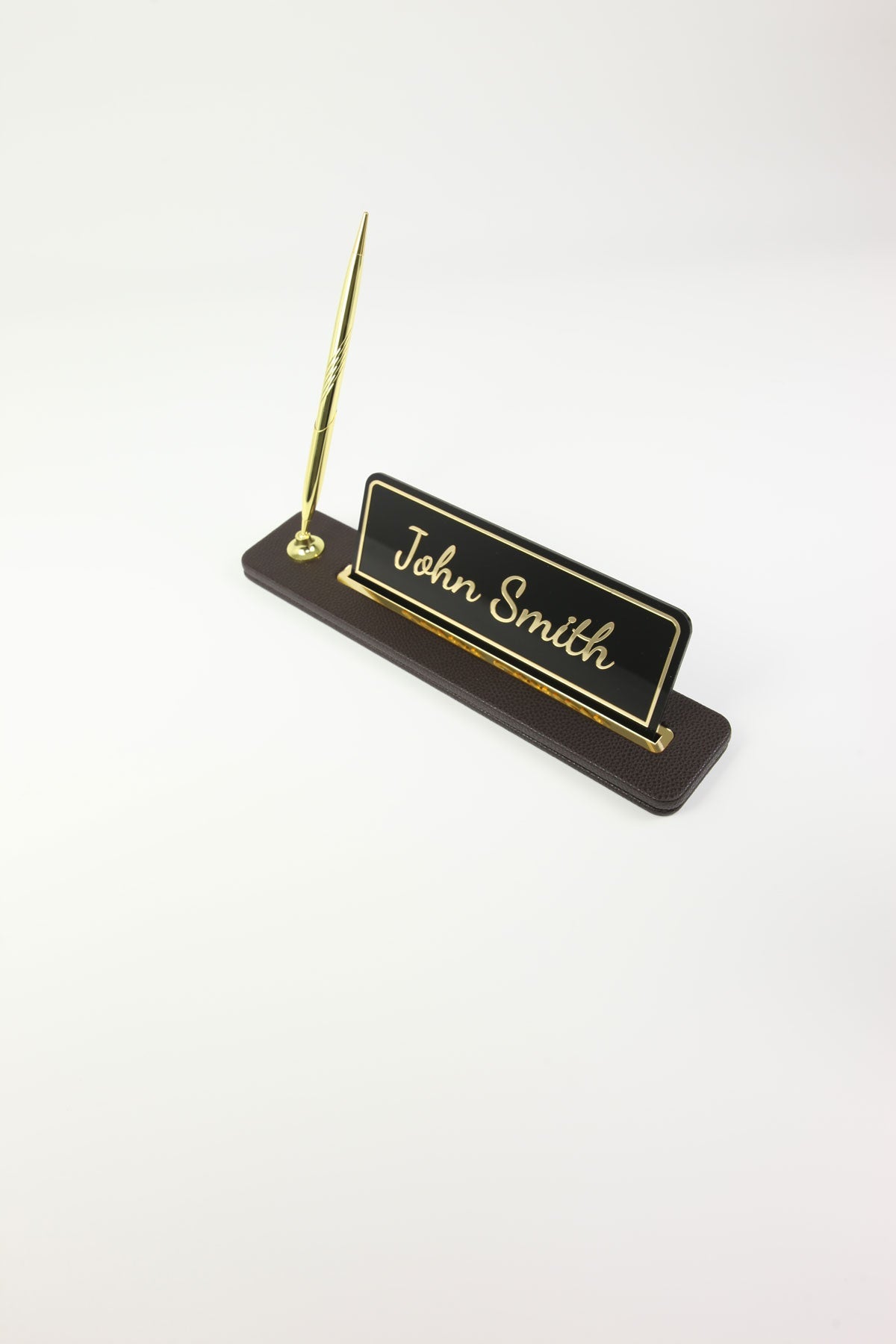 Leather Desktop Nameplate with Pen Black Gold Detailed - Nameplate and Signature Pen