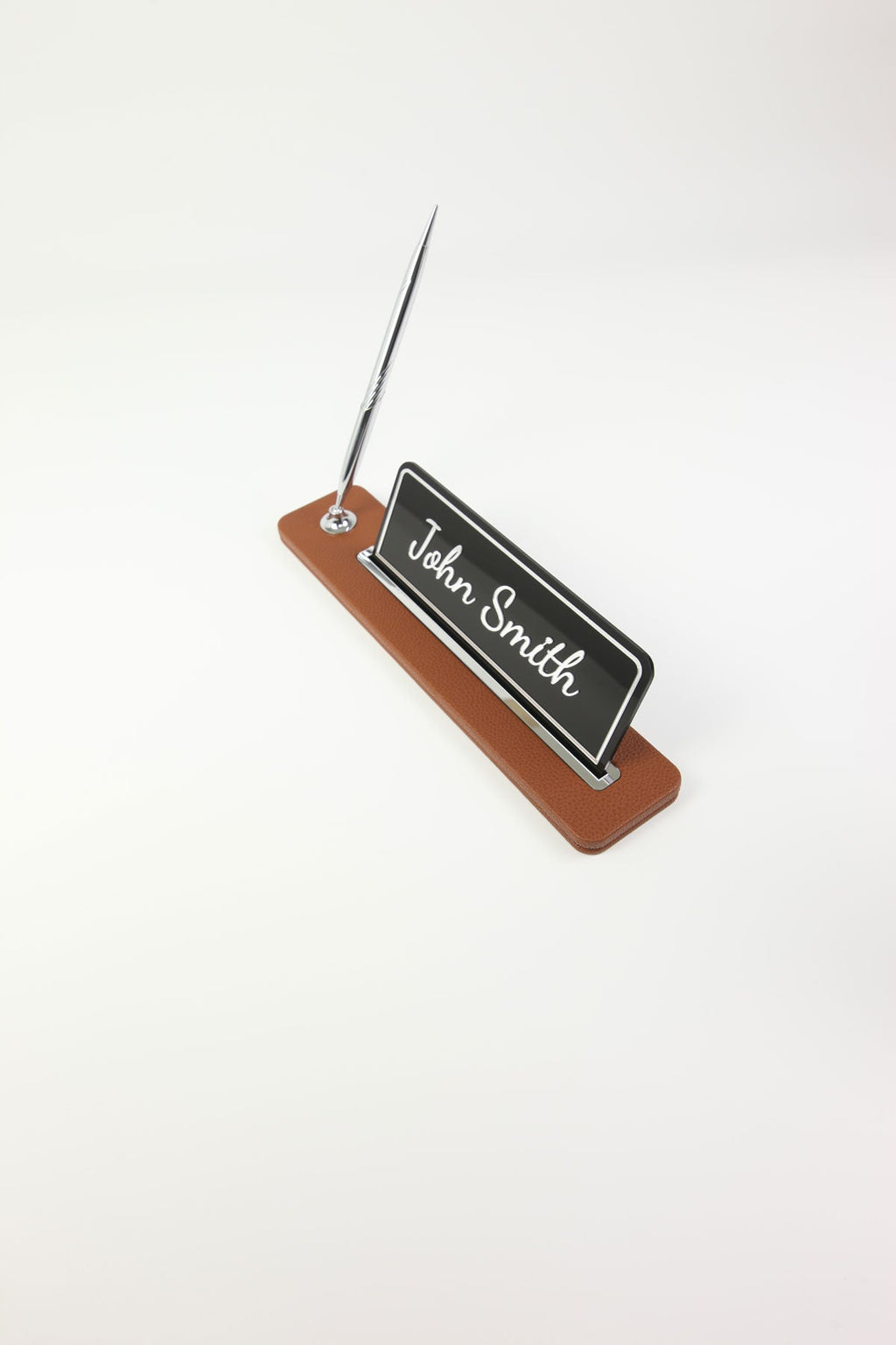 Leather Desktop Nameplate with Pen Black Chrome Detailed - Nameplate and Signature Pen