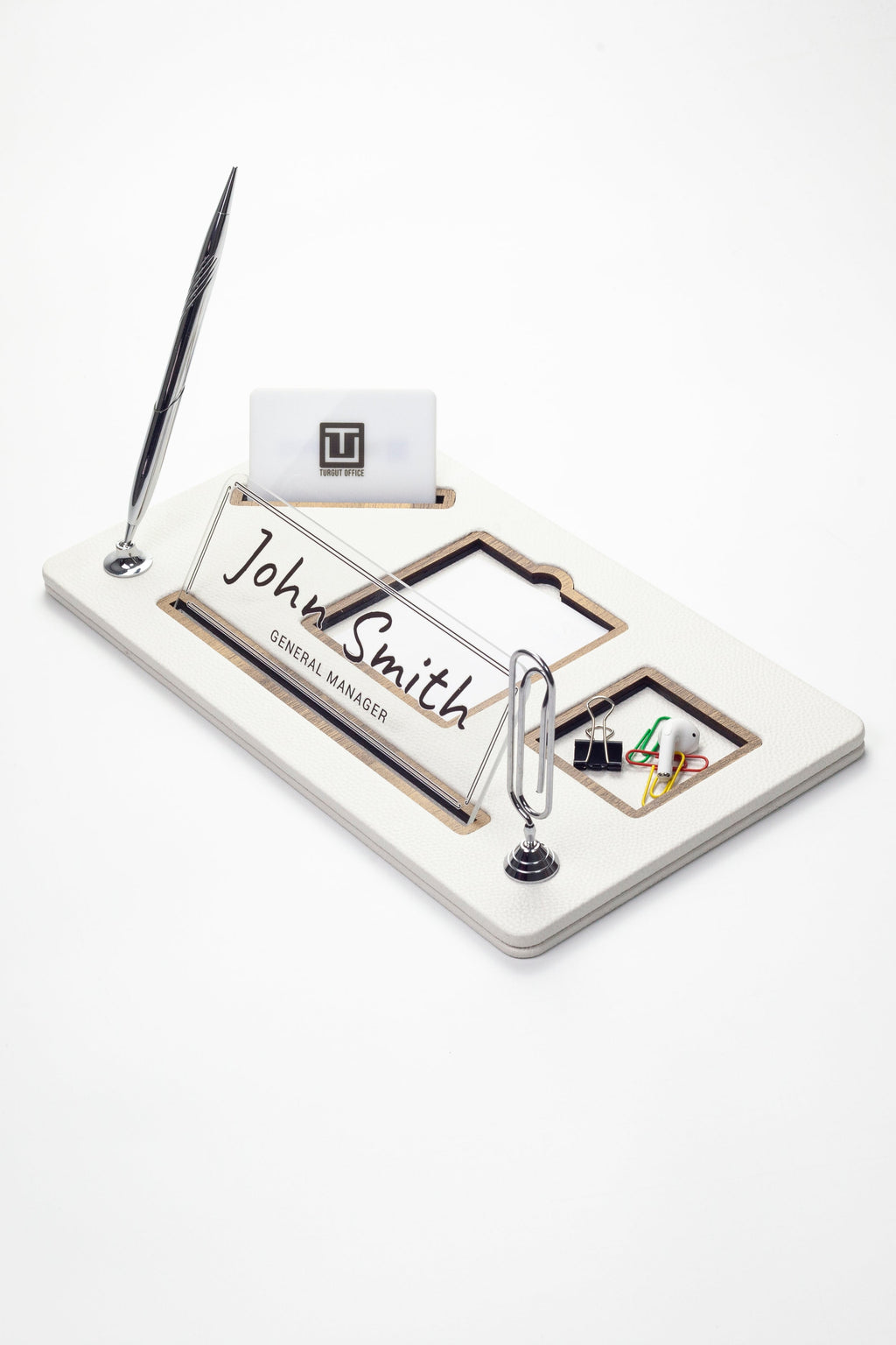 Organizer Leather Desk Nameplate Wood Detailed