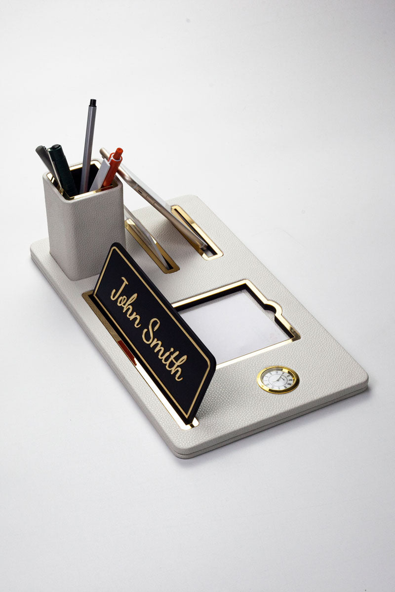 Desktop Nameplate Leather Organizer White Gold Detailed Clock and Pen Holder