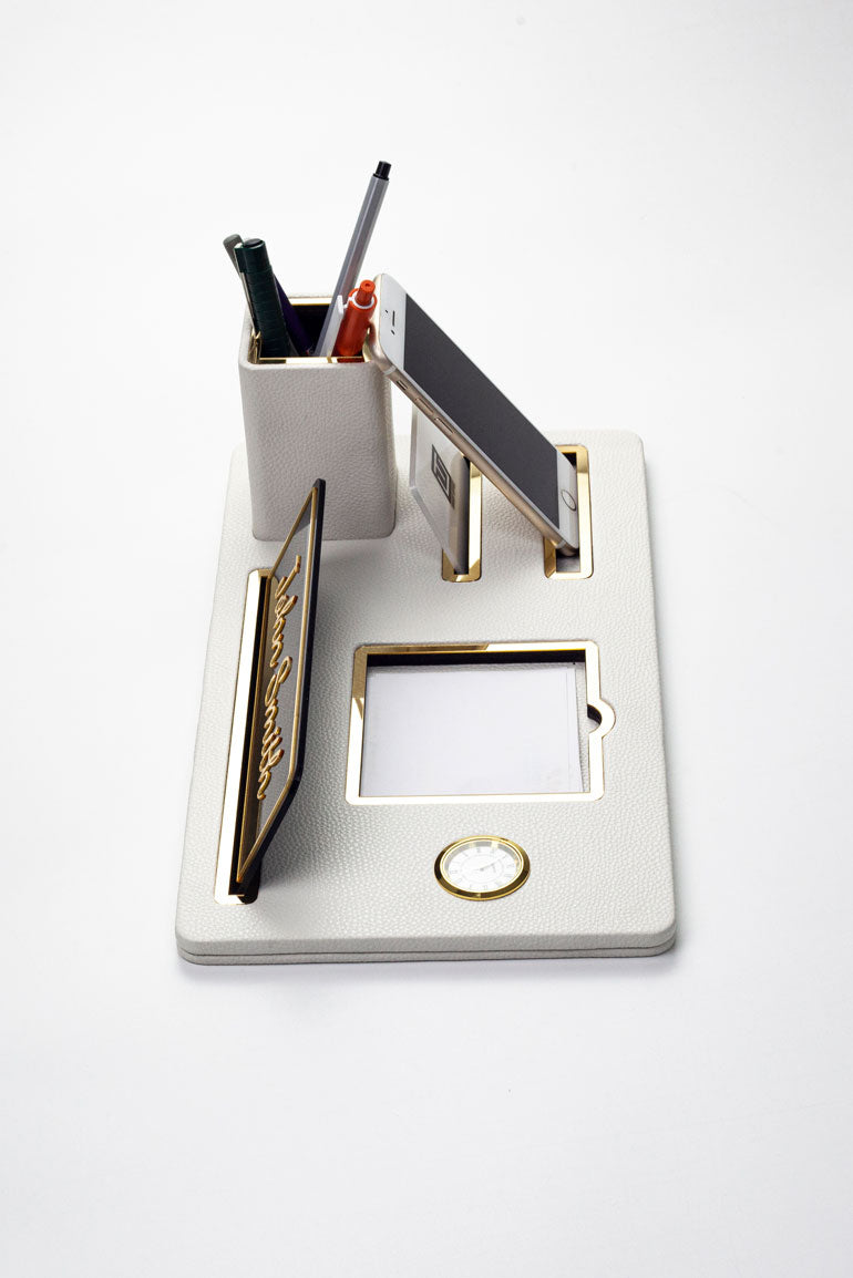 Desktop Nameplate Leather Organizer White Gold Detailed Clock and Pen Holder