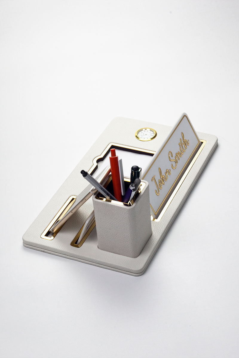 Desktop Nameplate Leather Organizer White Gold Detailed Clock and Pen Holder
