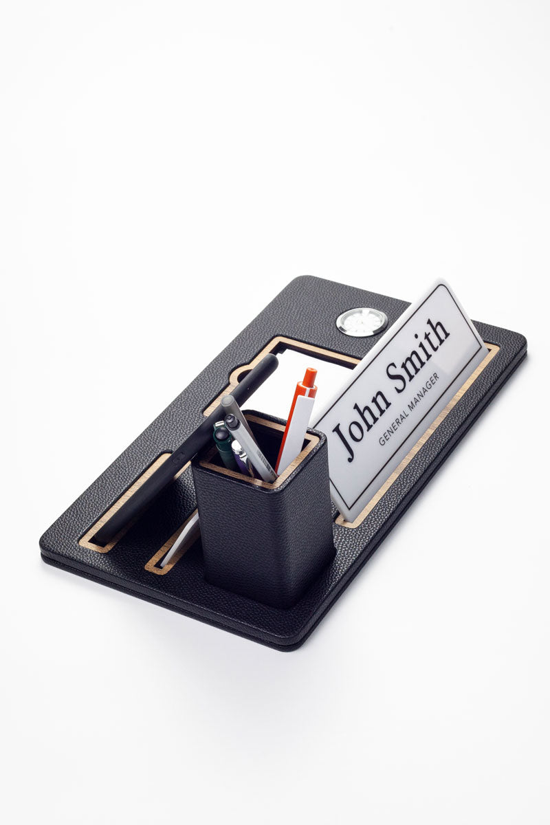 Desktop Nameplate Leather Organizer Black Wood Detailed Clock and Pen Holder