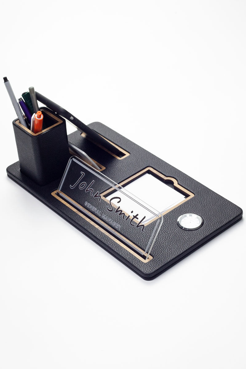Desktop Nameplate Leather Organizer Black Wood Detailed Clock and Pen Holder
