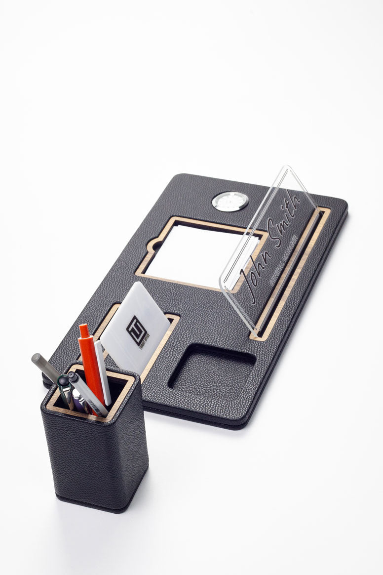 Desktop Nameplate Leather Organizer Black Wood Detailed Clock and Pen Holder