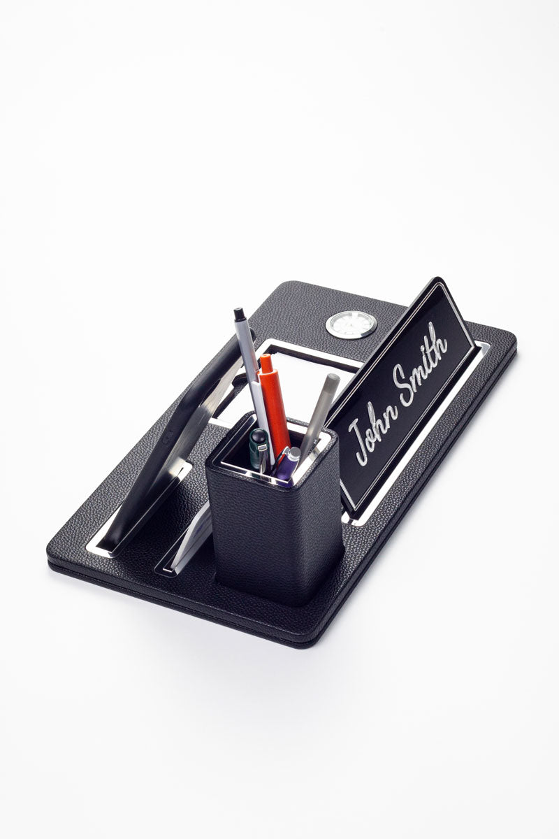Desktop Nameplate Leather Organizer Black Chrome Detailed Clock and Pen Holder