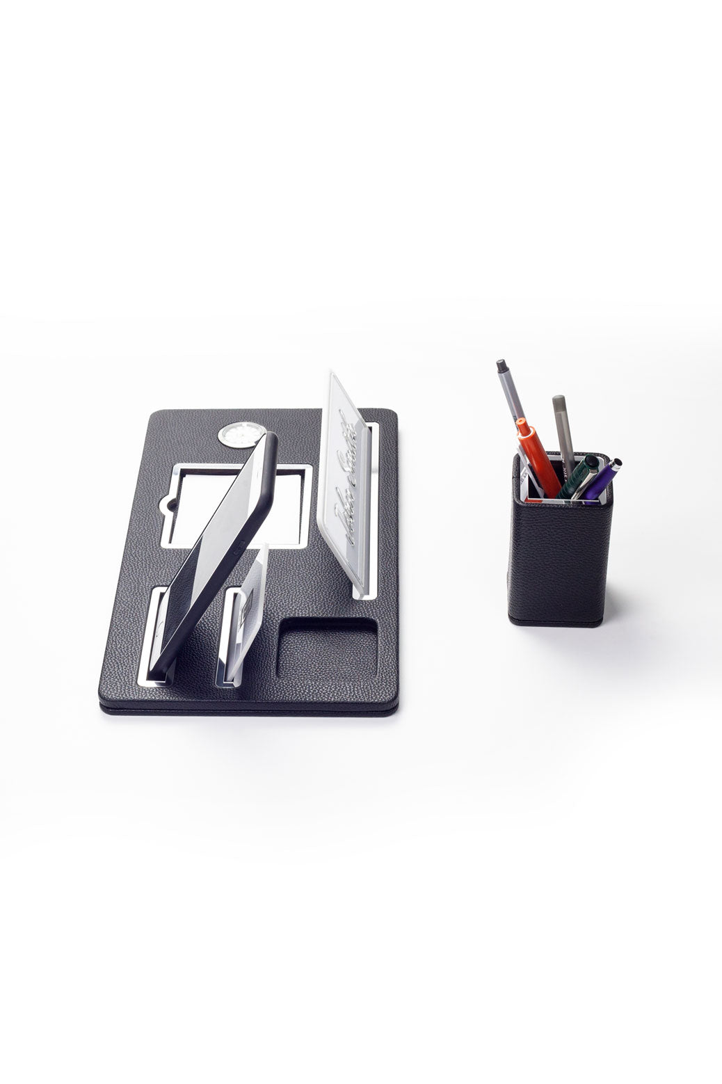 Desktop Nameplate Leather Organizer Black Chrome Detailed Clock and Pen Holder