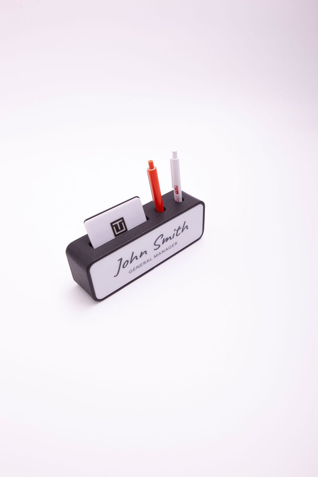 Leather Desk Nameplate with Black Pen and Business Card Holder, White Plate