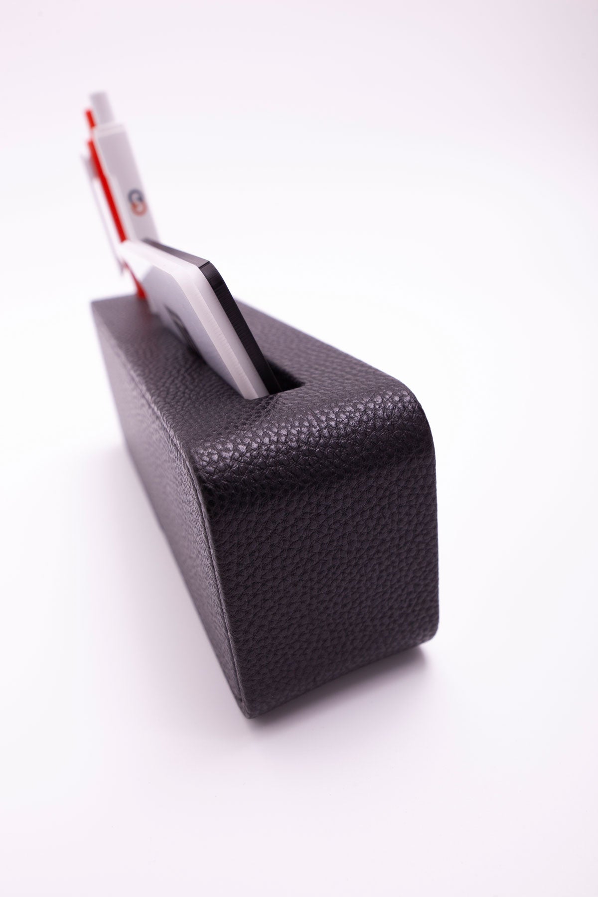 Leather Desk Name Holder with Black Pen and Business Card Holder, Black Plate