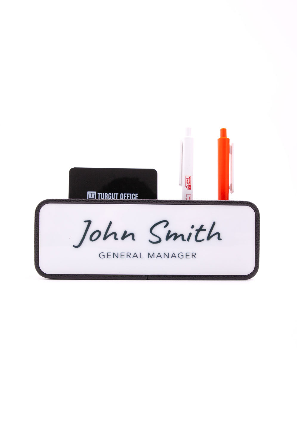 Leather Desk Nameplate with Black Pen and Business Card Holder, White Plate